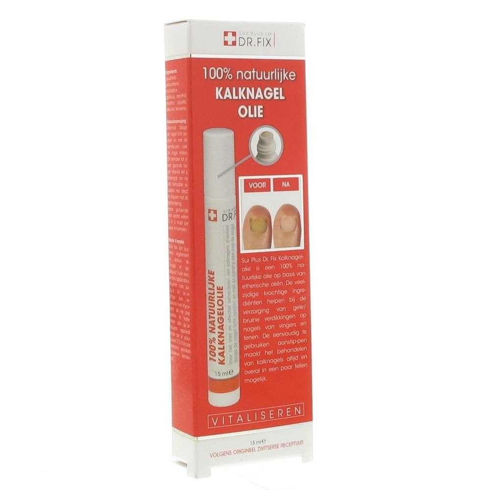 Emballage de Dr. Fix Huile De Mycose De L'Ongle. Boîte rouge avec image du produit et texte. Contient un flacon.