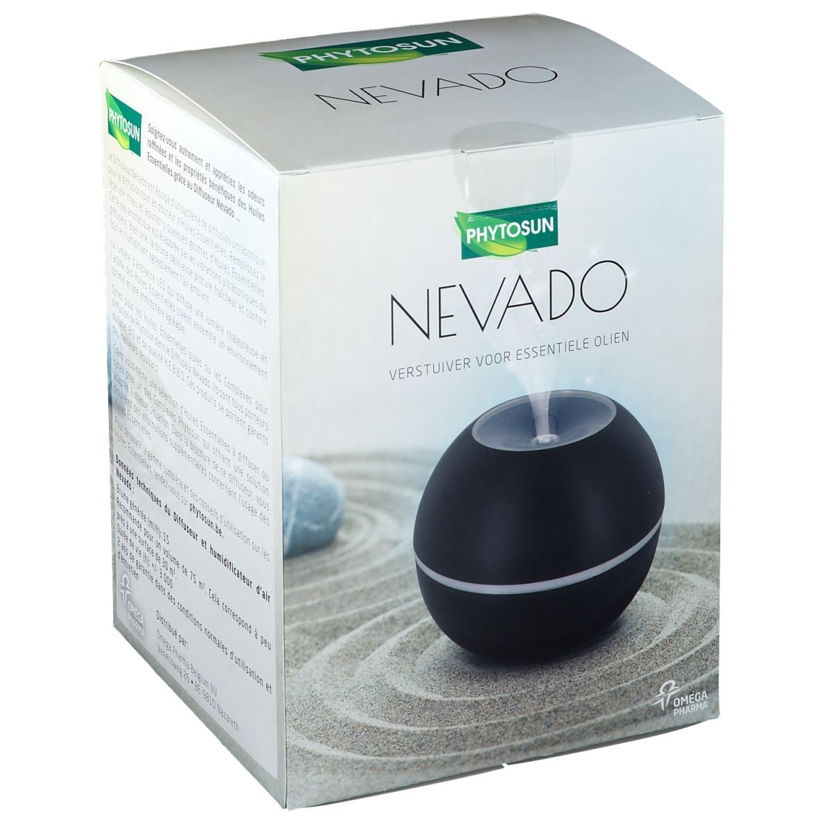 Boîte avec image du produit. Diffuseur noir ovale avec bande blanche. Marque Phytosun, nom du produit Nevado.