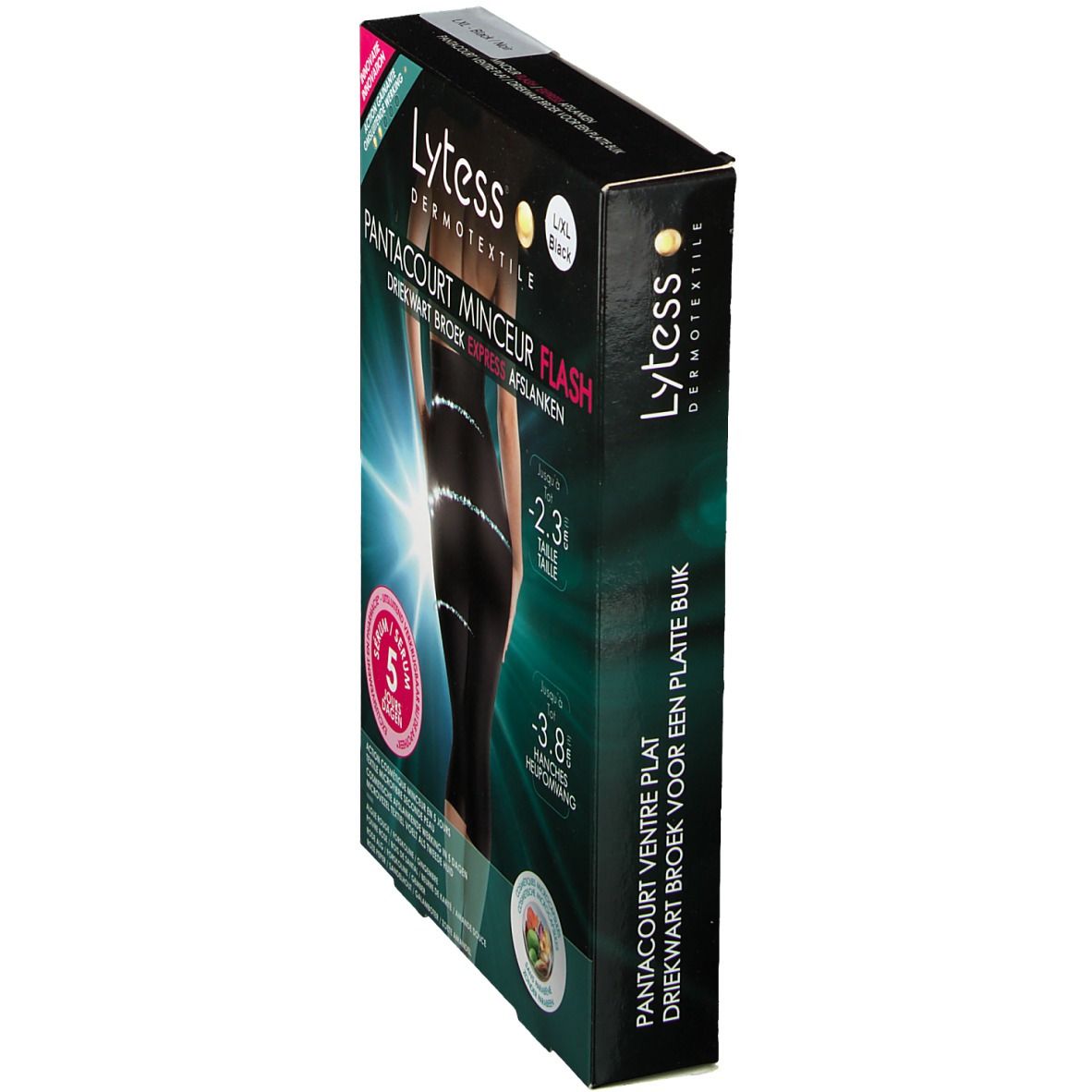 Vue latérale de la boîte Lytess Flash Pantacourt. Boîte noire avec image produit et textes multilingues.