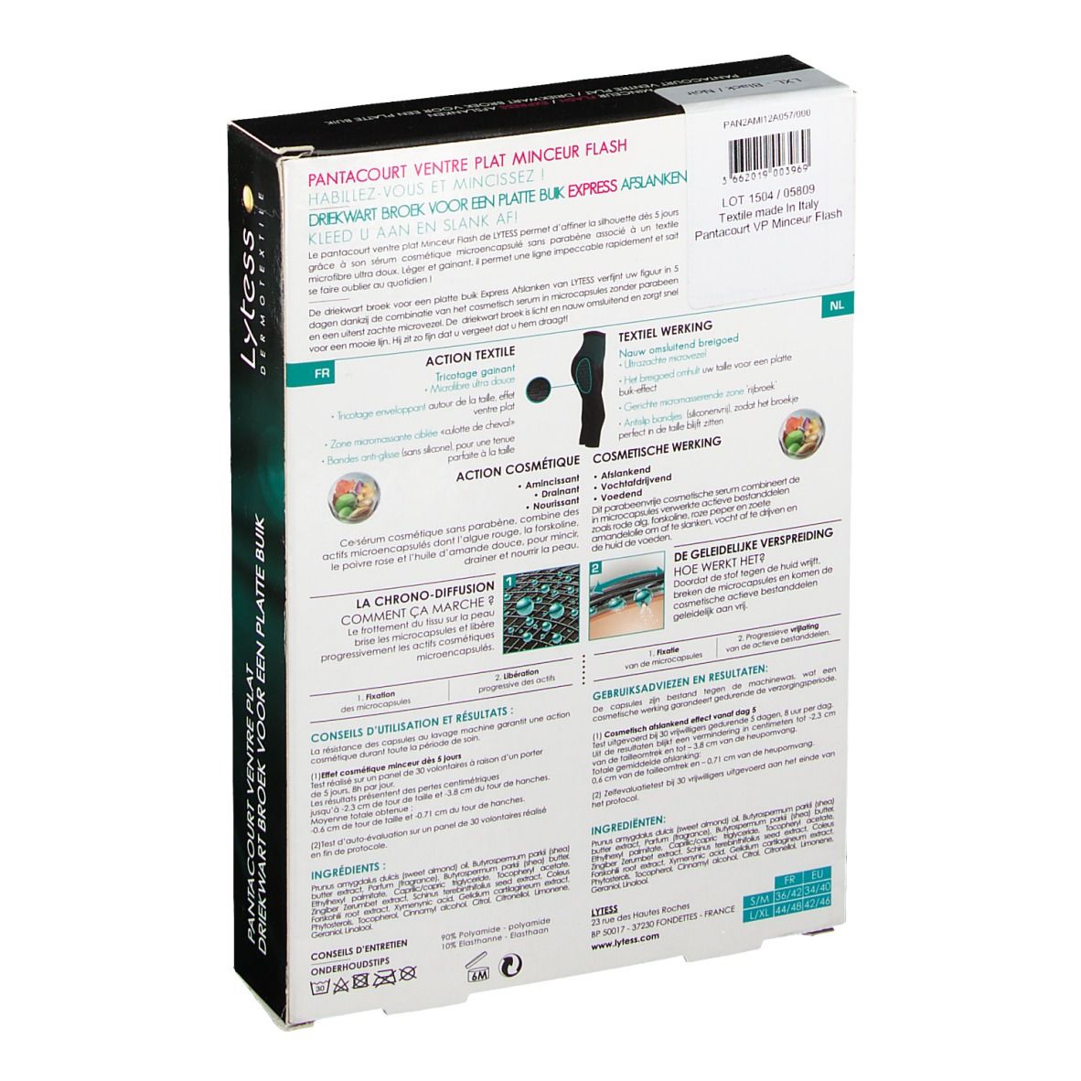 Dos de la boîte Lytess Flash Pantacourt. Informations textuelles, ingrédients et instructions multilingues.