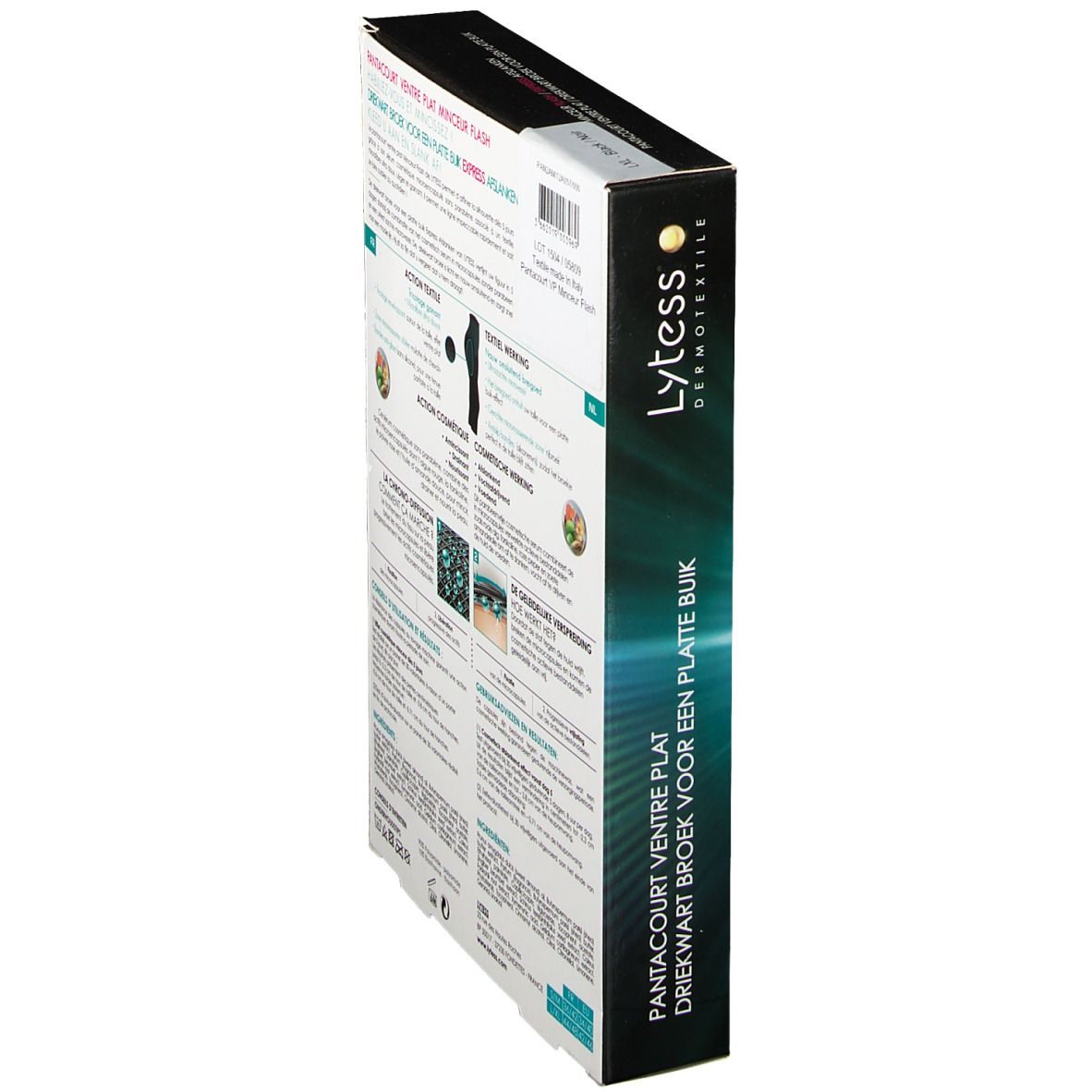 Vue latérale de la boîte Lytess Flash Pantacourt. Informations textuelles et image produit sur fond noir.