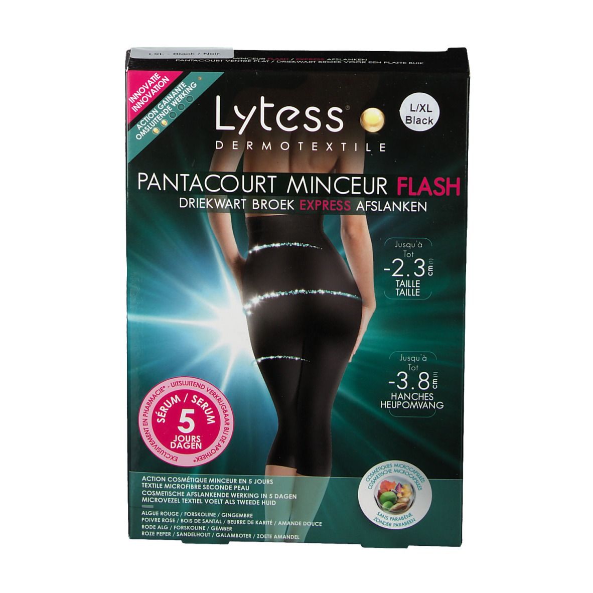 Boîte Lytess Flash Pantacourt. Femme en pantacourt noir. Texte : 'Ventre plat', '5 jours'. Taille L/XL.