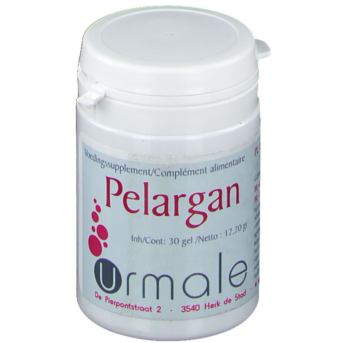 Witte pot met deksel. Opschrift Pelargan en Urmale. Bevat 30 gel. Adres: De Pierpontstraat 2, 3540 Herk de Stad.