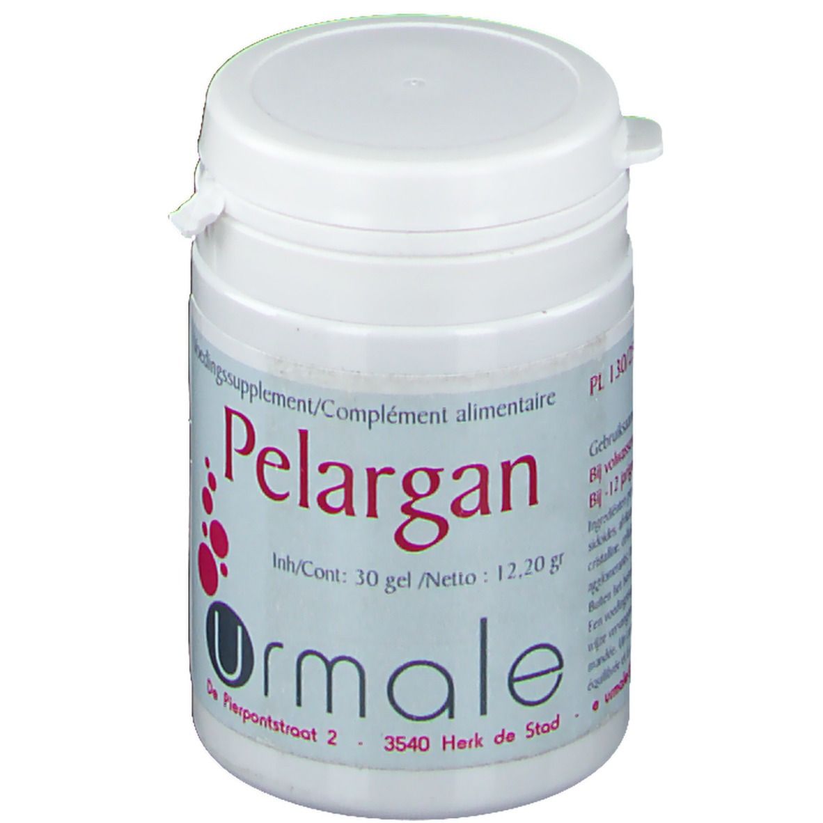 Witte pot met deksel. Opschrift Pelargan en Urmale. Bevat 30 gel. Adres: De Pierpontstraat 2, 3540 Herk de Stad.