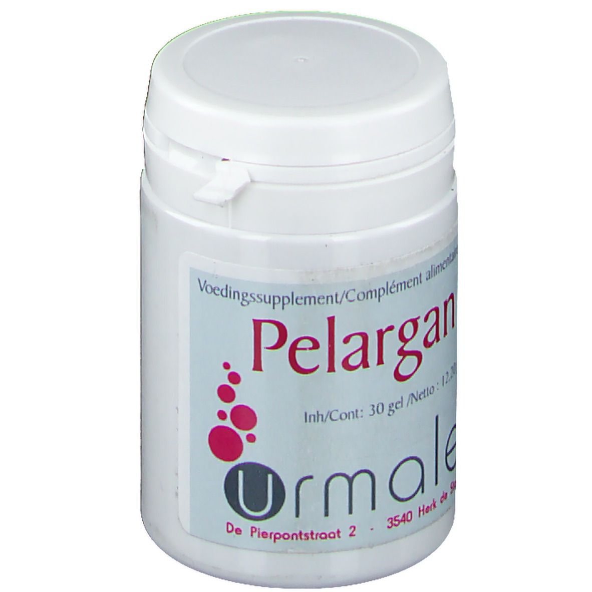 Witte pot met deksel. Opschrift Pelargan en Urmale. Bevat 30 gel. Adres: De Pierpontstraat 2, 3540 Herk de Stad.