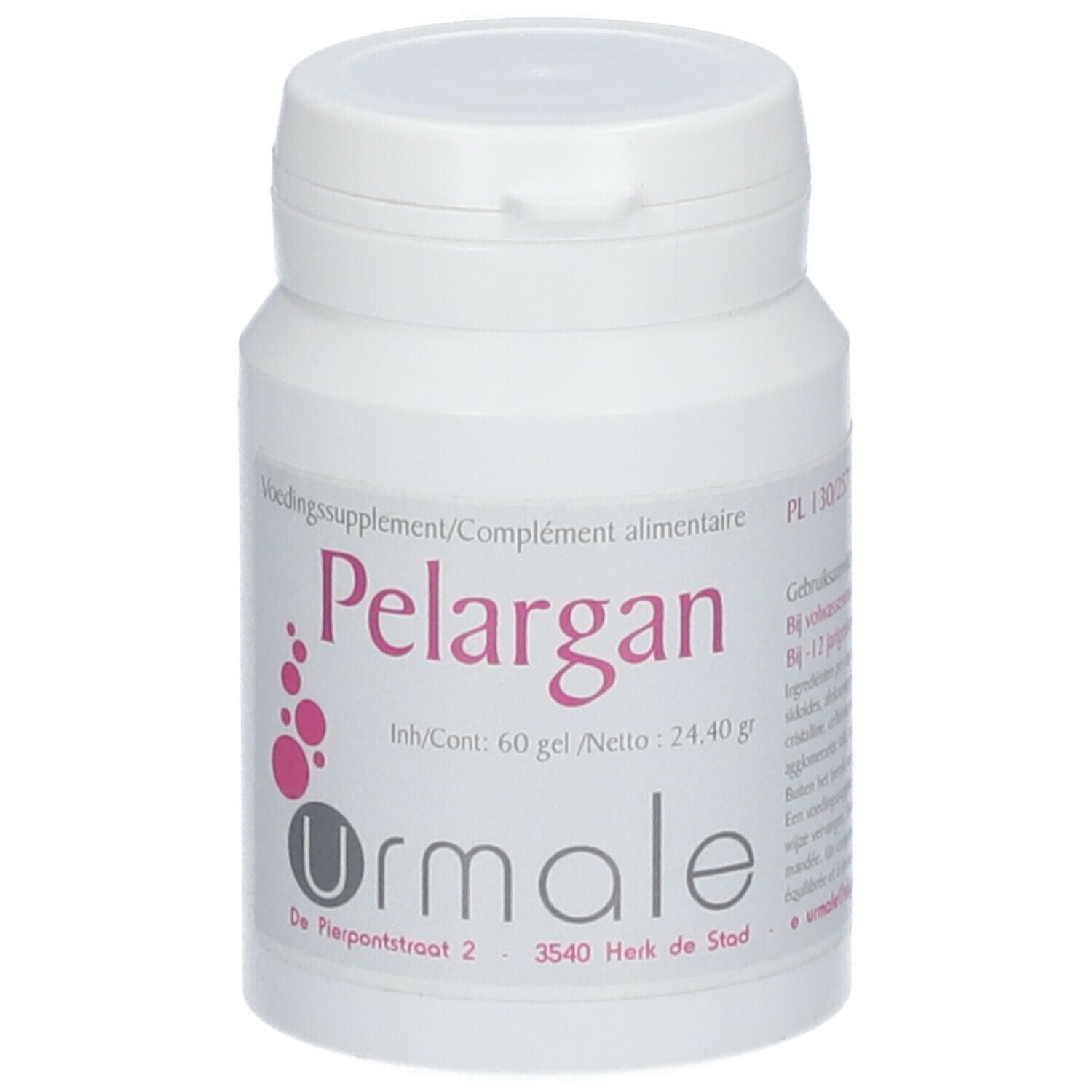 Witte pot met schroefdop. Opschrift "Pelargan" en "Urmale". Bevat 60 capsules.