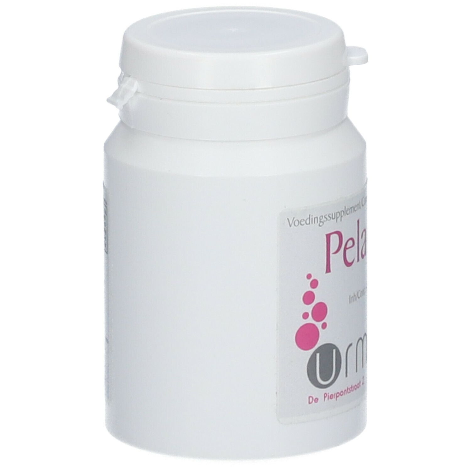 Witte pot met schroefdop. Opschrift "Pelargan" en "Urmale".