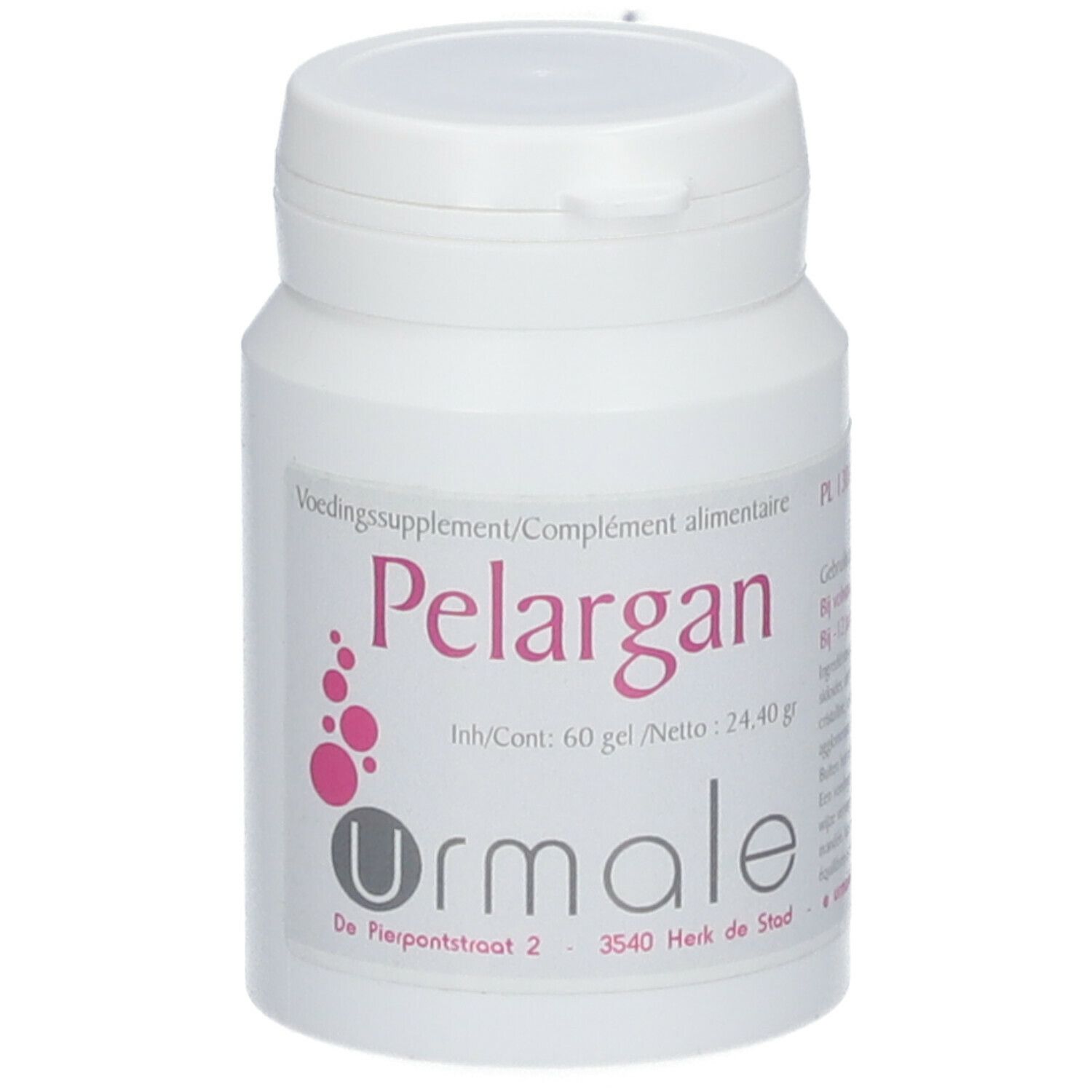 Witte pot met schroefdop. Opschrift "Pelargan" en "Urmale". Bevat 60 capsules.