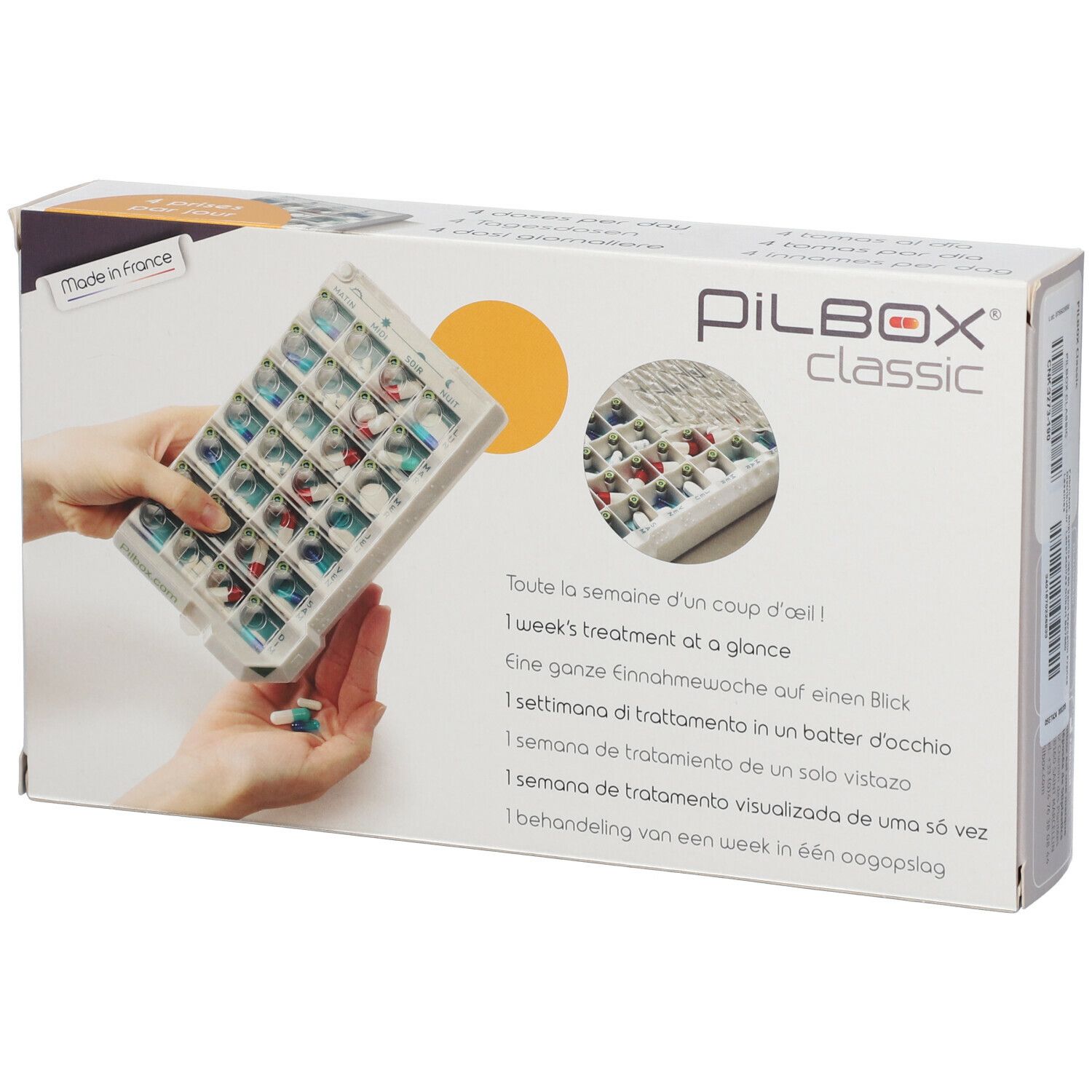 Boîte PILBOX Classic. Contient un pilulier hebdomadaire. Inscription: 1 week's treatment at a glance. Avec cercle jaune.