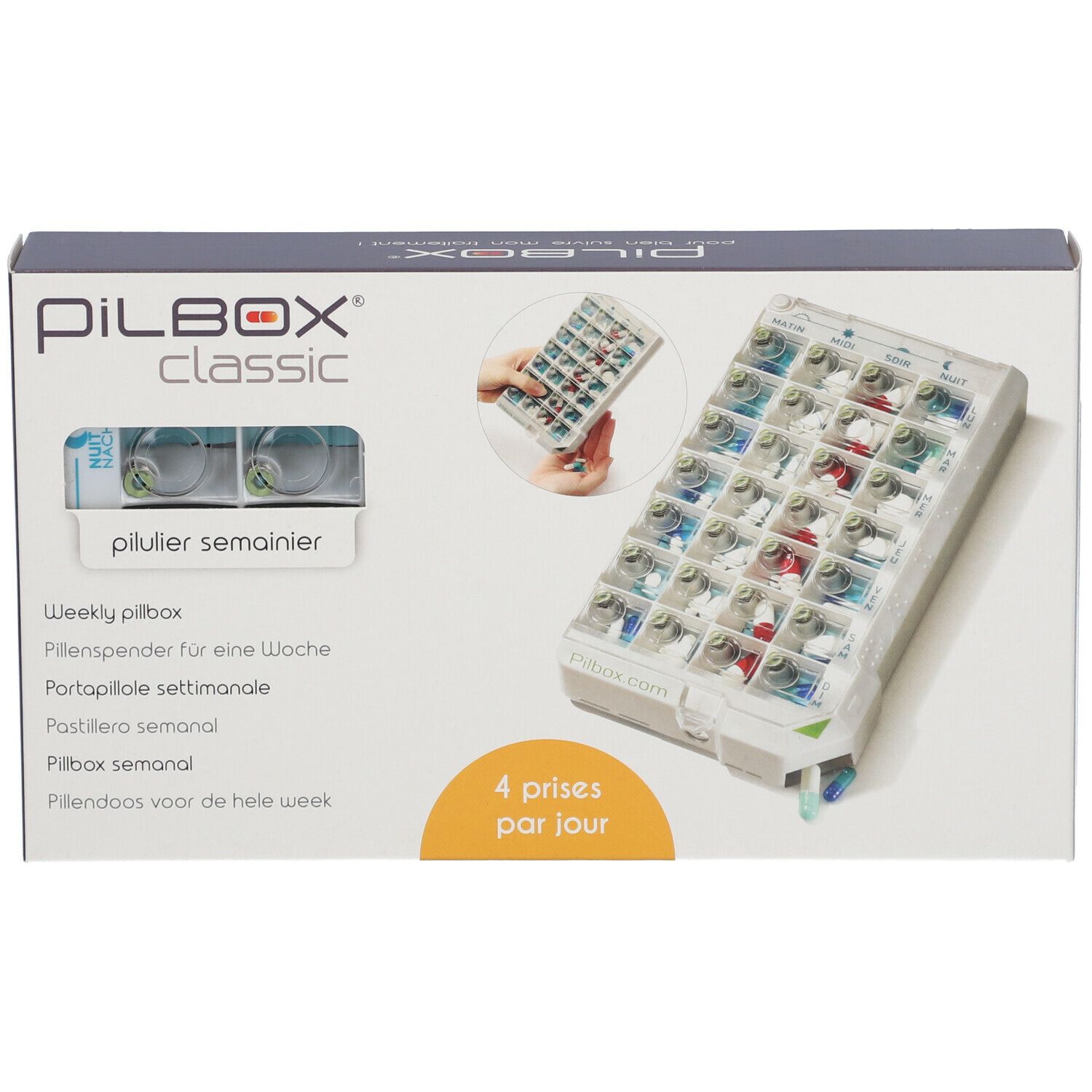 Boîte PILBOX Classic. Contient un pilulier hebdomadaire avec 28 compartiments, 4 par jour. Inscription: 4 prises par jour.