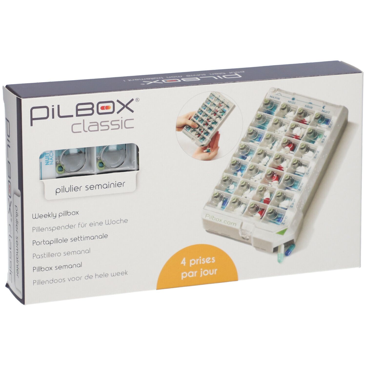 Boîte PILBOX Classic. Contient un pilulier hebdomadaire avec 28 compartiments, 4 par jour. Inscription: 4 prises par jour.