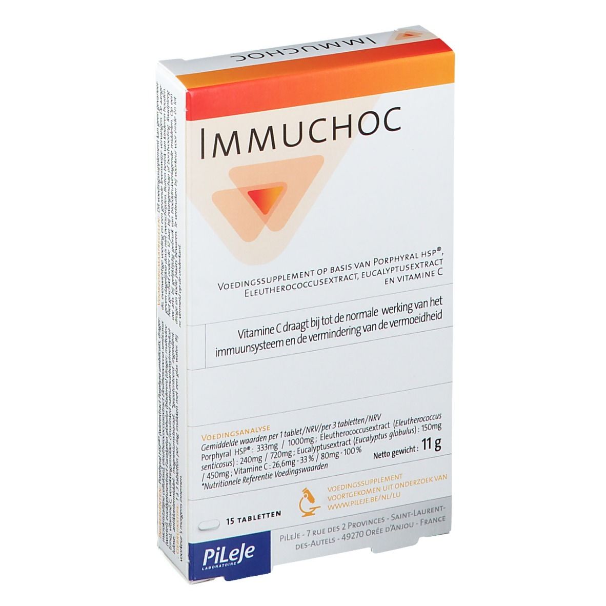 Boîte de comprimés Immuchoc. Inscription "Immuchoc" et informations nutritionnelles. 15 comprimés, 11g.