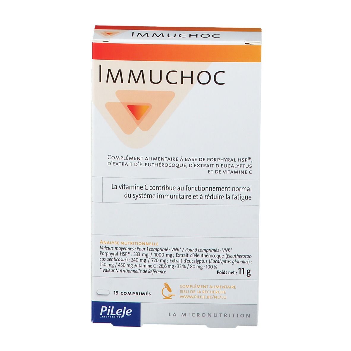 Boîte de comprimés Immuchoc. Inscription "Immuchoc" et informations nutritionnelles. 15 comprimés, 11g.