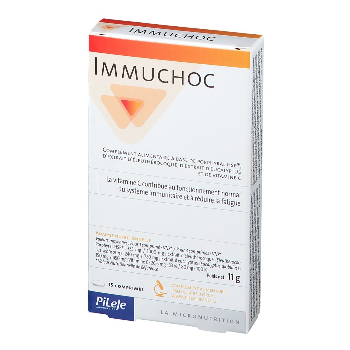Boîte de comprimés Immuchoc. Inscription "Immuchoc" et informations nutritionnelles. 15 comprimés, 11g.