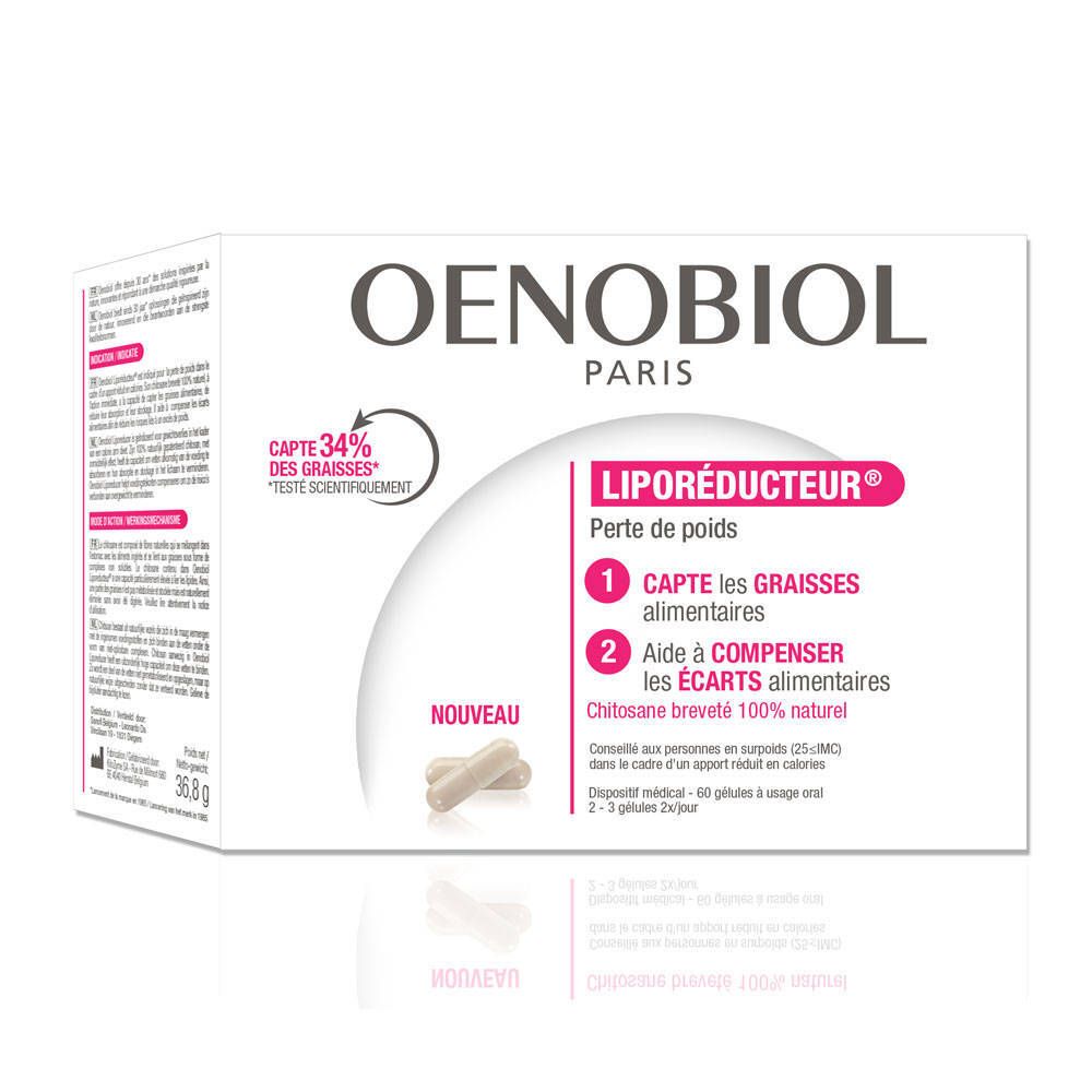 Boîte OENOBIOL® Liporeducteur. Contient des gélules. Texte: Capture 34% des graisses. Perte de poids. 1. Capture les graisses alimentaires. 2. Aide à compenser l'alimentation excessive.
