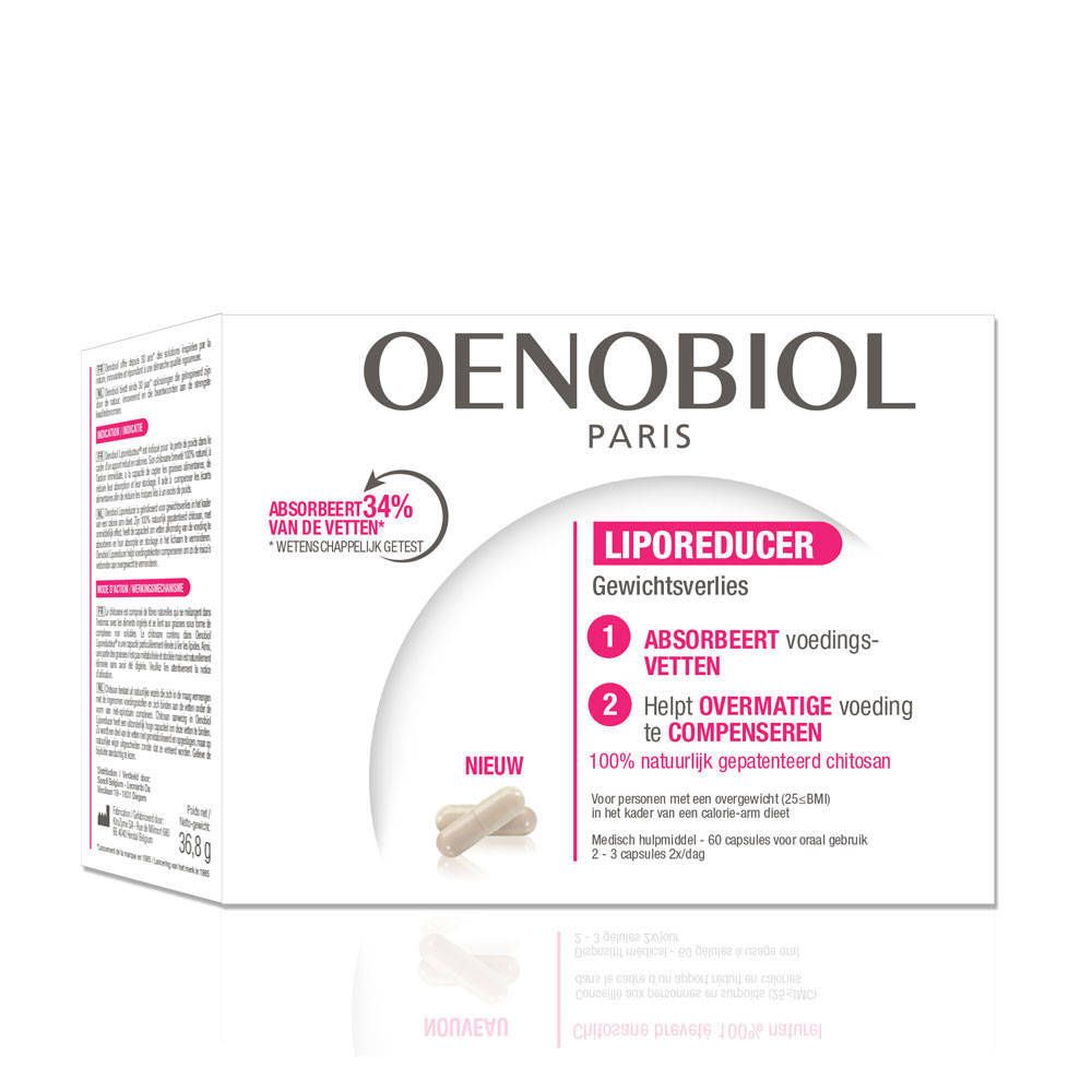 OENOBIOL® Liporeducer verpakking. Bevat capsules. Tekst: Absorbeert 34% van de vetten. Gewichtsverlies. 1. Absorbeert voedingsvetten. 2. Helpt overmatige voeding te compenseren.