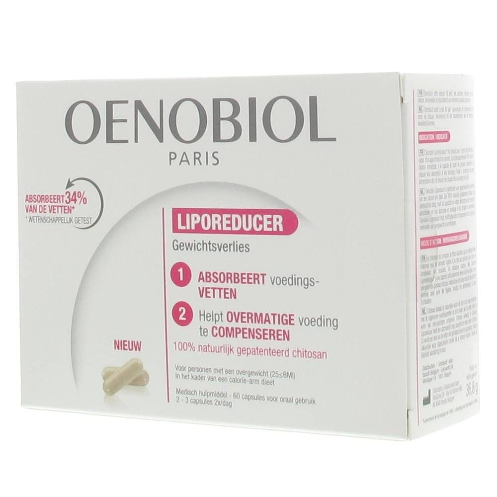 Boîte OENOBIOL® Liporeducteur. Contient des gélules. Texte: Absorbe 34% des graisses. Perte de poids. 1. Capture les graisses alimentaires. 2. Aide à compenser l'alimentation excessive.