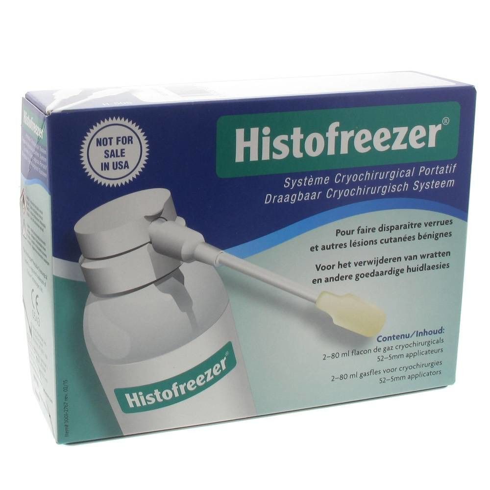 Scatola del prodotto Histofreezer. Contiene una bottiglia e applicatori. Testo: Non in vendita negli Stati Uniti.