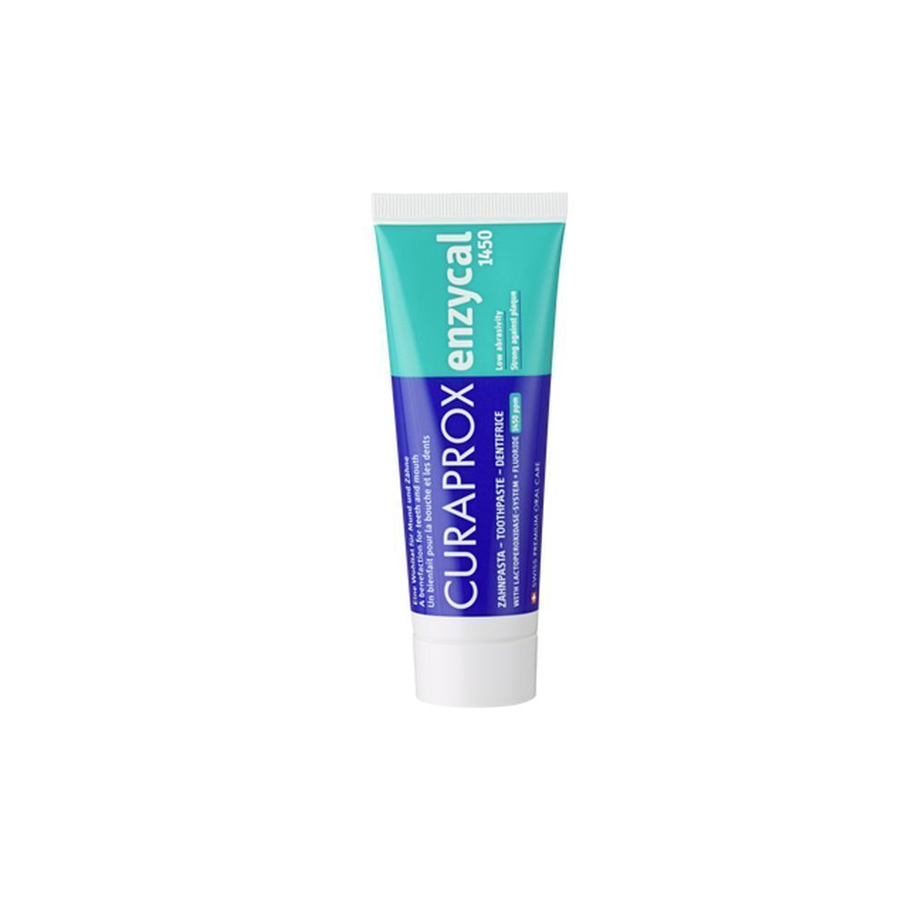 Tube de dentifrice bleu-turquoise avec nom et détails du produit. Bouchon blanc. Drapeau suisse.