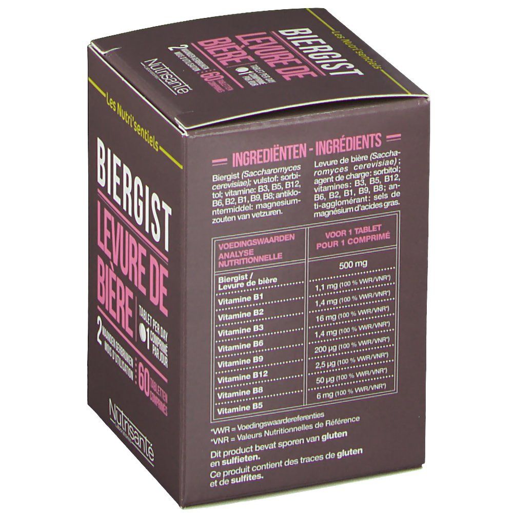 Bruine doos met productinformatie. Opschrift: "Biergist Levure de Bière". Bevat 60 tabletten. Ingrediënten en voedingswaarde-informatie.