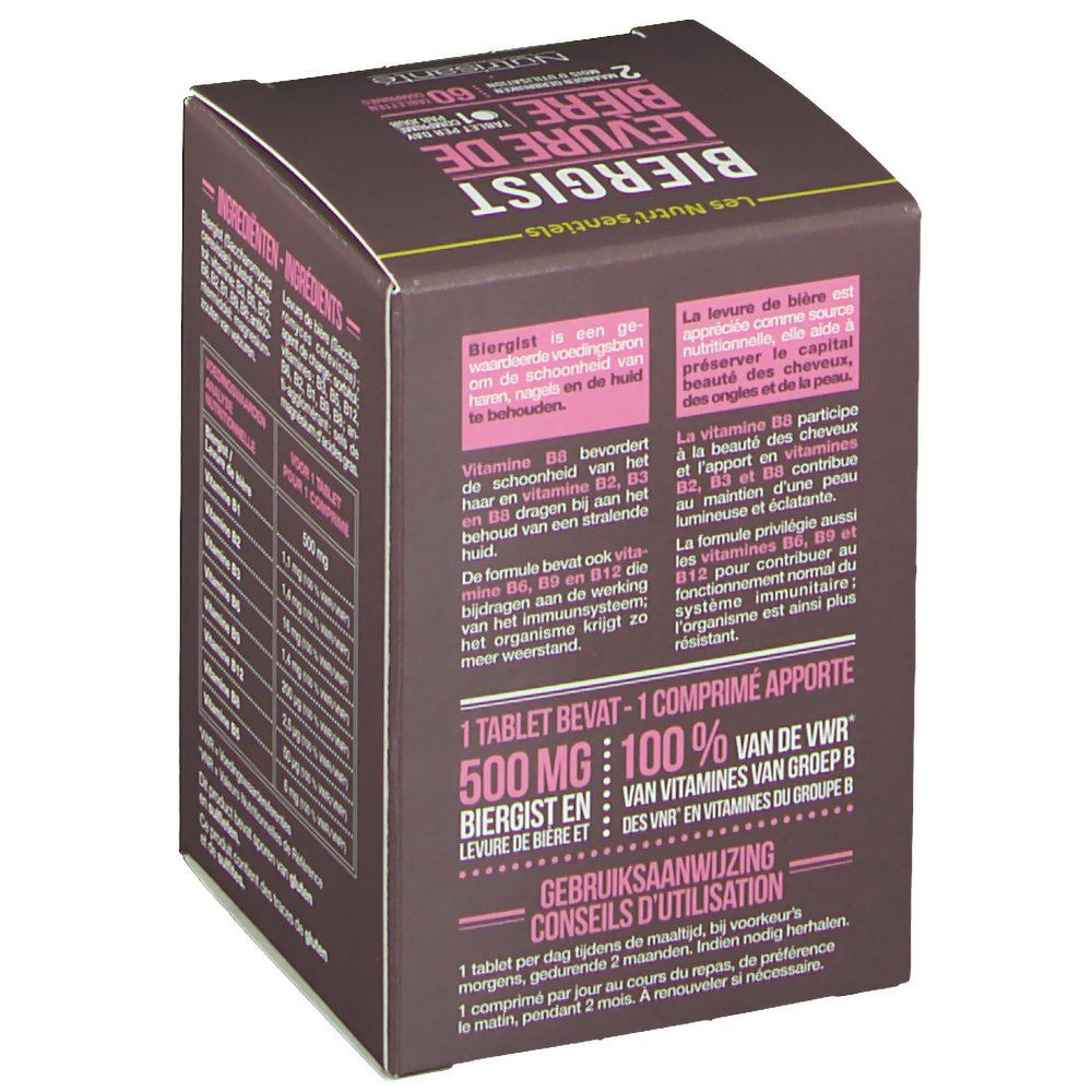 Bruine doos met productinformatie. Opschrift: "Biergist Levure de Bière". Bevat 60 tabletten. Achterkant met gebruiksaanwijzing en info.