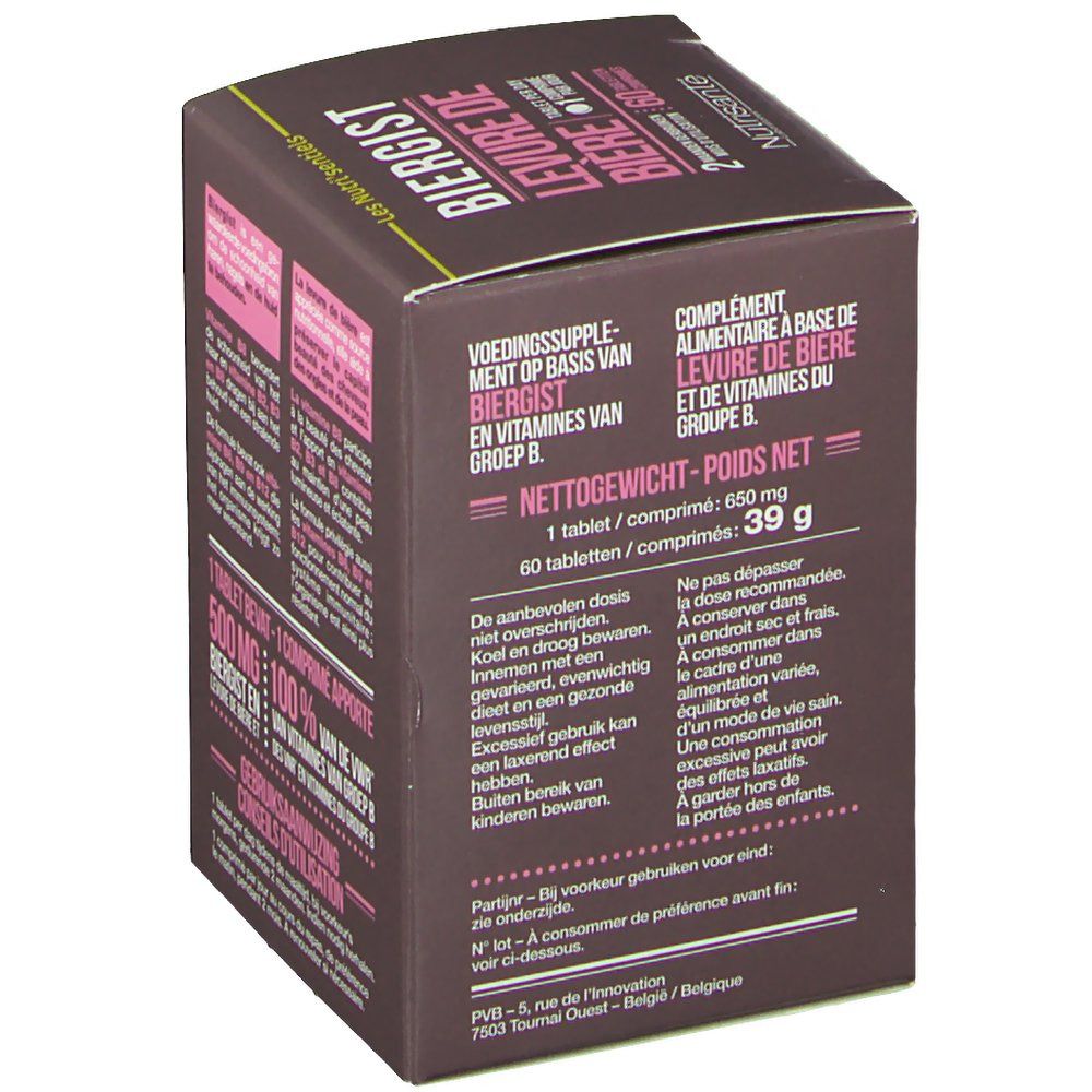 Bruine doos met productinformatie. Opschrift: "Biergist Levure de Bière". Nettogewicht 39g. Bevat 60 tabletten. Waarschuwingen.