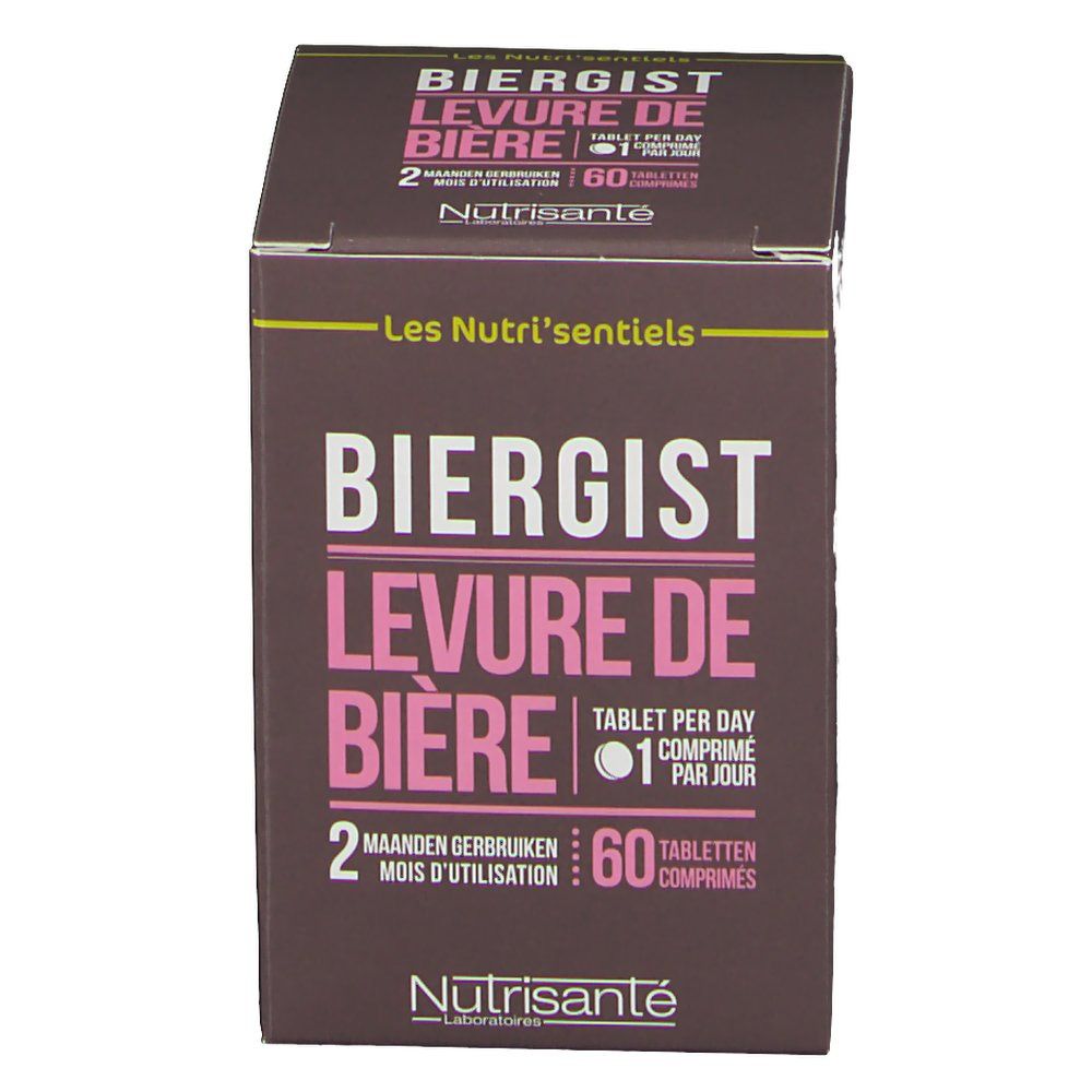 Bruine doos met roze tekst. Opschrift: "Biergist Levure de Bière". 60 tabletten. Merk: Nutrisanté. 2 maanden gebruik.