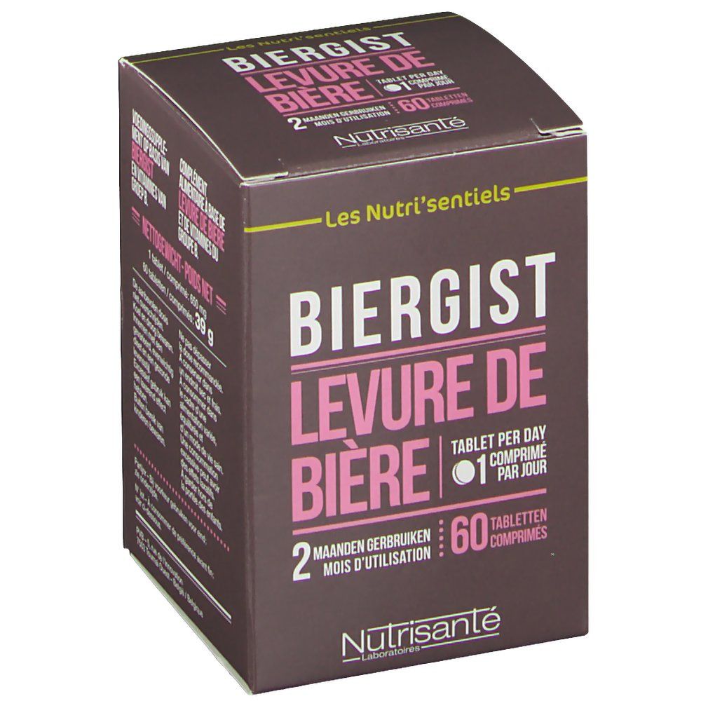 Bruine doos met roze tekst. Opschrift: "Biergist Levure de Bière". 60 tabletten. Merk: Nutrisanté. 2 maanden gebruik. Productweergave.
