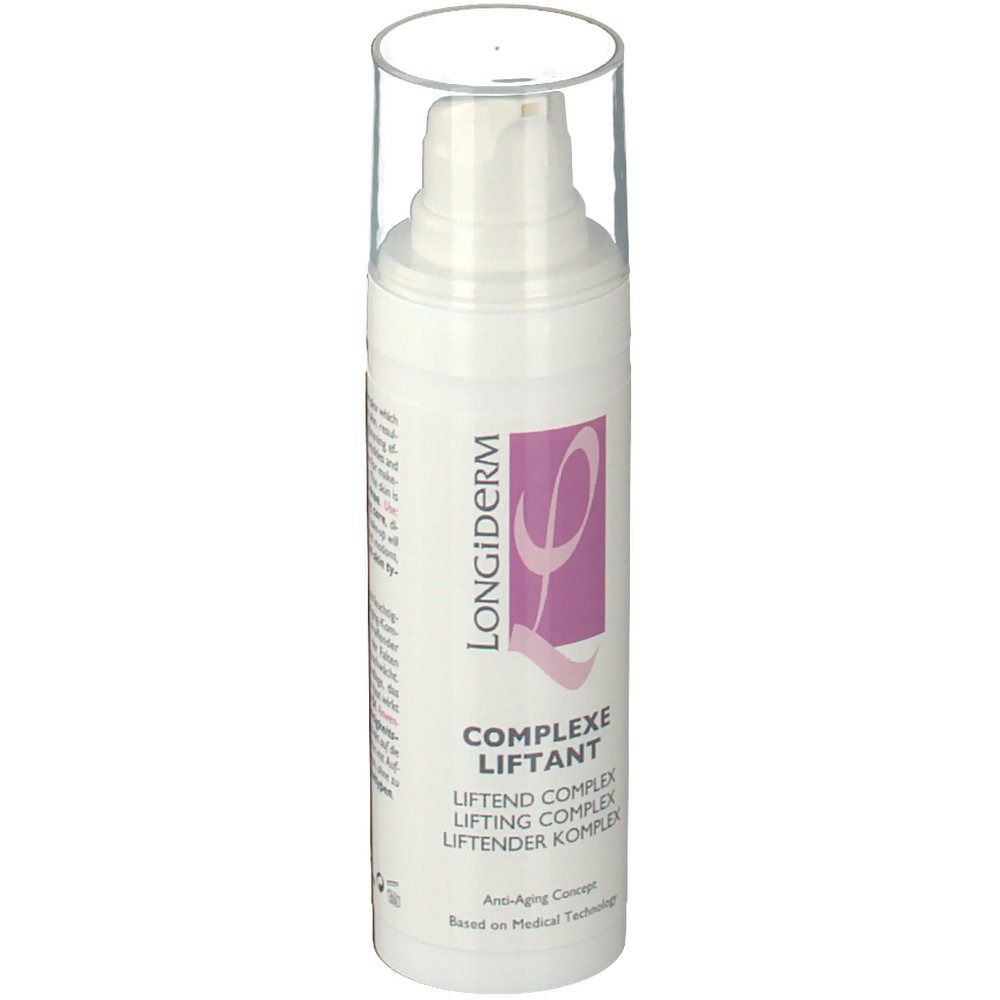 Witte fles met pompsluiting. Opschrift LONGiDerm en COMPLEXE LIFTANT. Paars logo.
