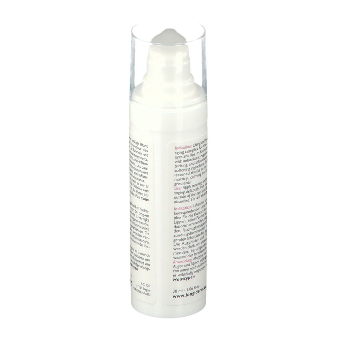 Witte fles met tekst. Opschrift: informatie over gebruik en ingrediënten.