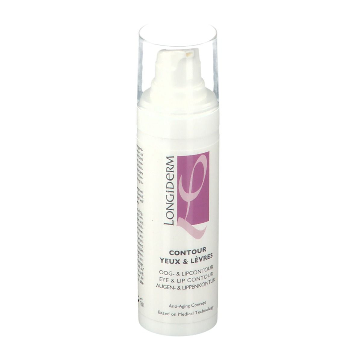 Witte fles met pomp. Opschrift: LONGiDerm, Contour Yeux & Lèvres.