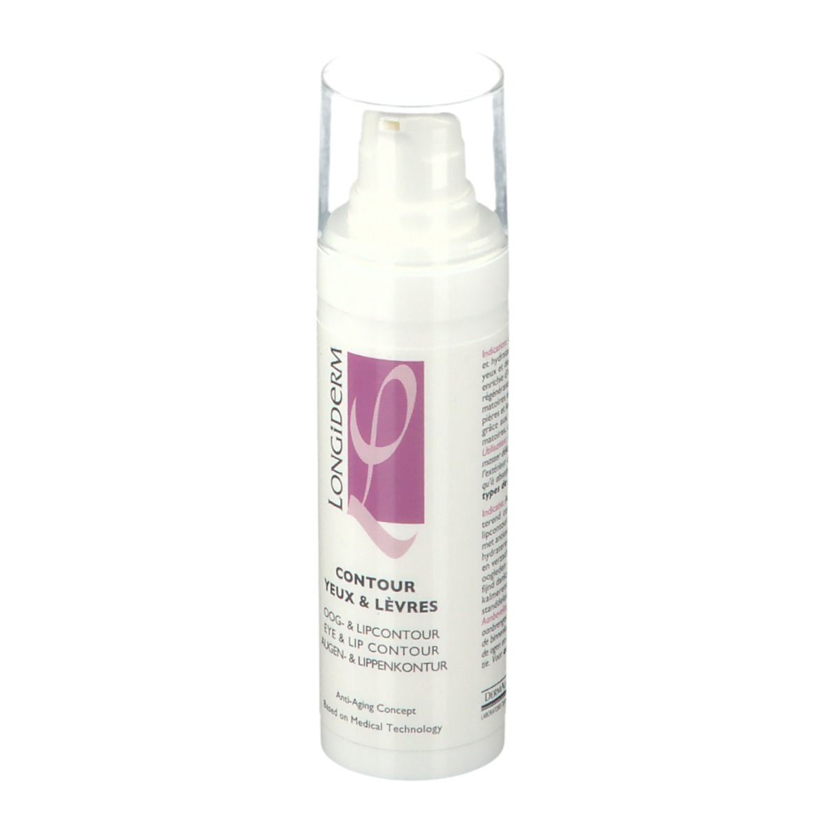 Witte fles met pomp. Opschrift: LONGiDerm, Contour Yeux & Lèvres.