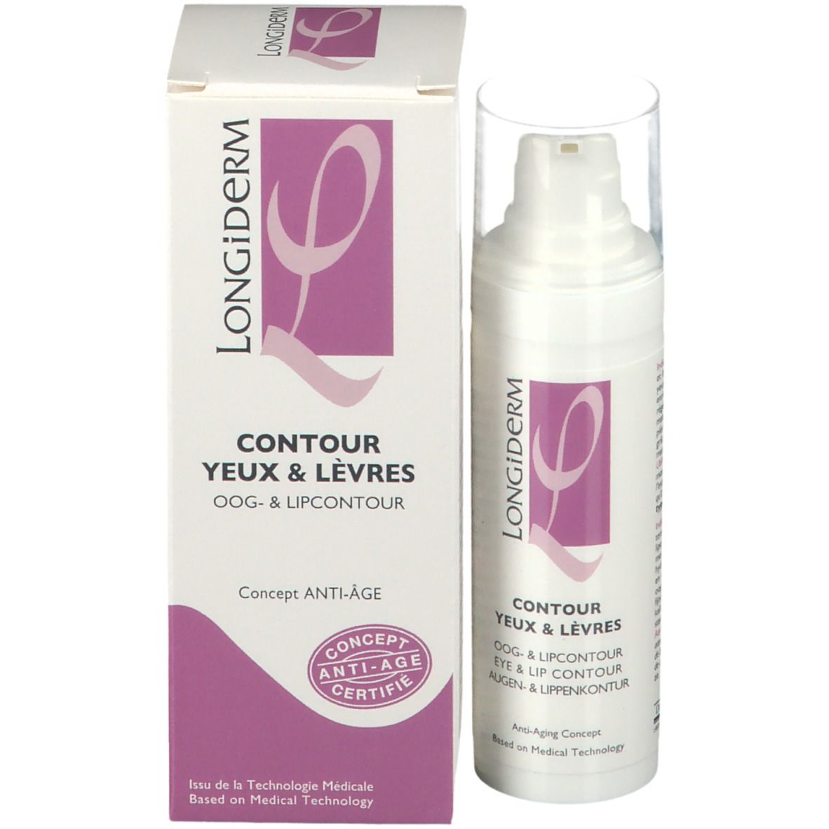Productfles en verpakking. Opschrift: LONGiDerm, Contour Yeux & Lèvres. Met certificaat.