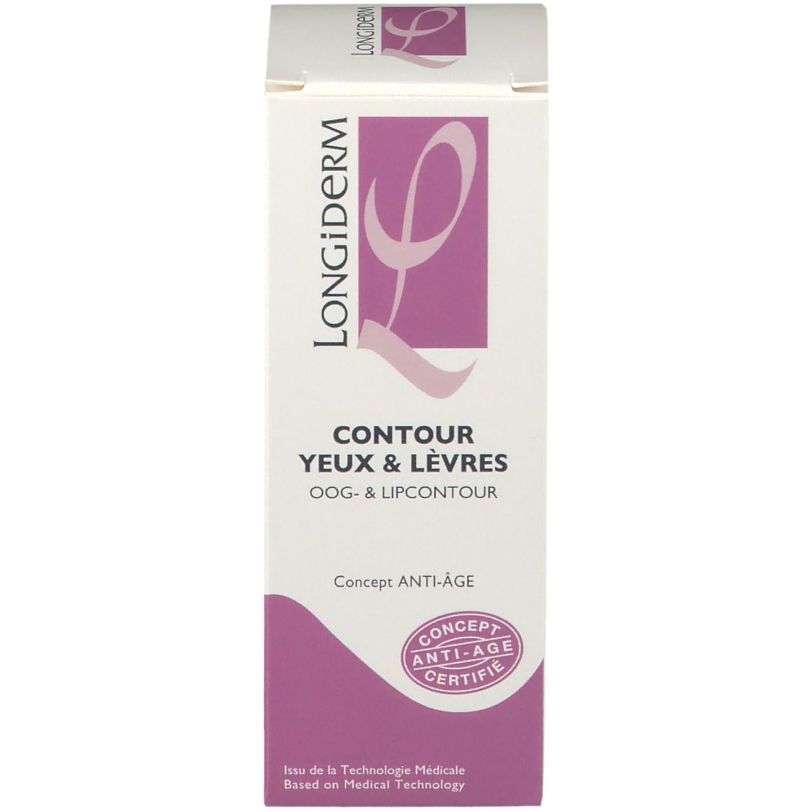 Productverpakking. Opschrift: LONGiDerm, Contour Yeux & Lèvres. Met certificaat.