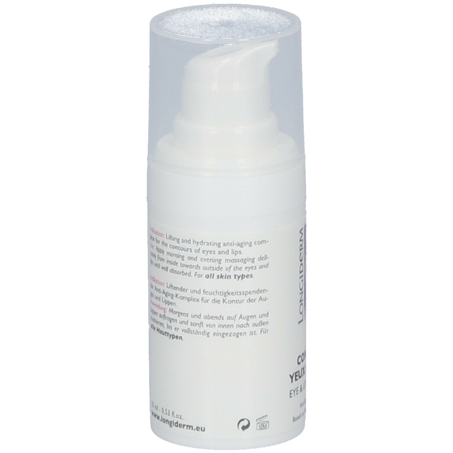 Flacon blanc avec pompe et bouchon transparent. Texte au dos. Inscription : Longiderm, Contour Yeux & Lèvres.