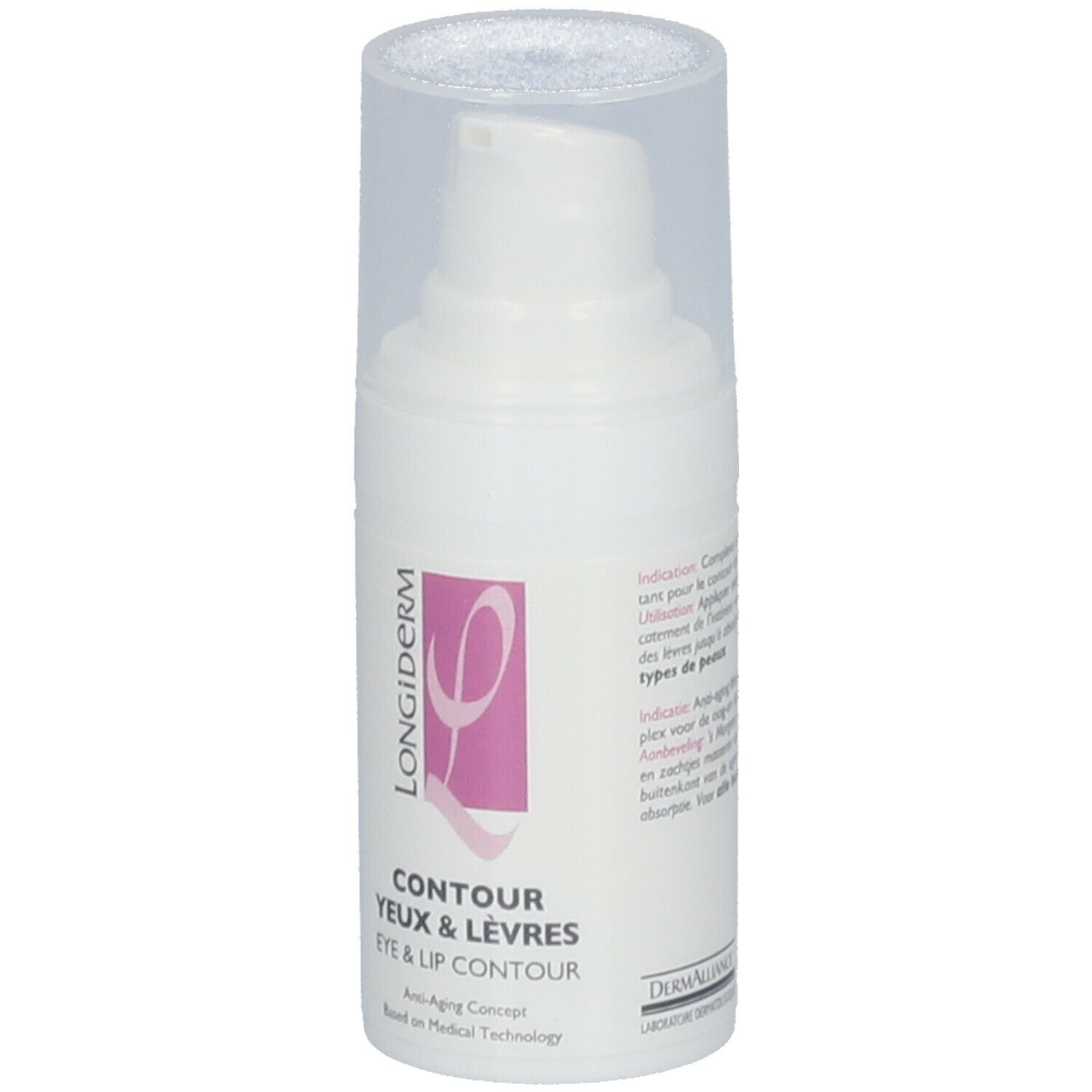 Flacon blanc avec pompe et bouchon transparent. Inscription : Longiderm, Contour Yeux & Lèvres, Eye & Lip Contour.
