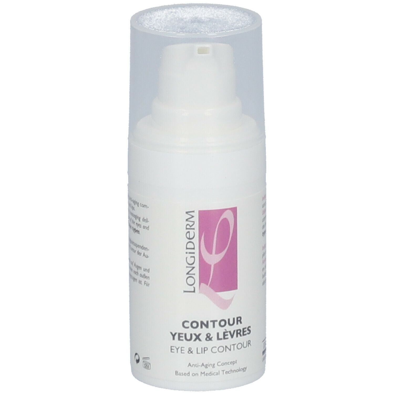 Flacon blanc avec pompe et bouchon transparent. Inscription : Longiderm, Contour Yeux & Lèvres, Eye & Lip Contour.