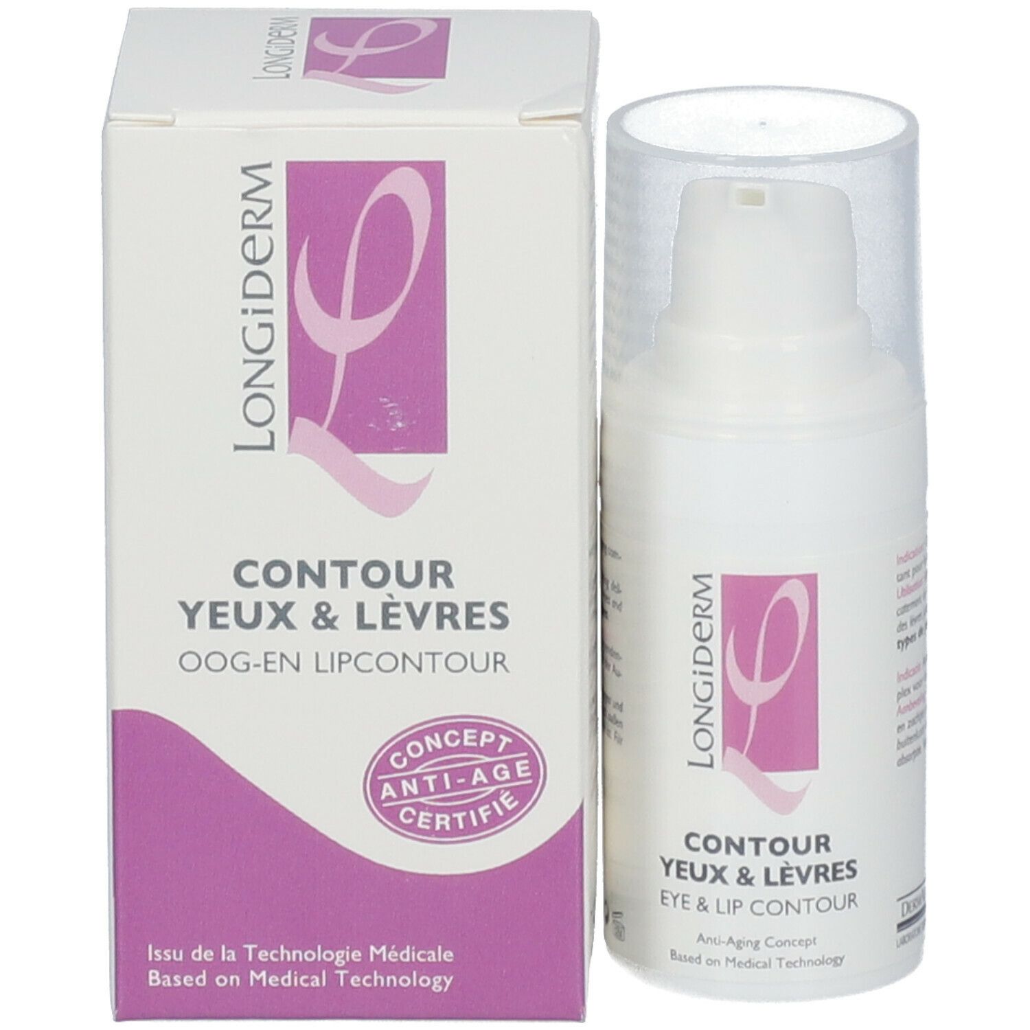 Flacon et emballage du produit. Inscription : Longiderm, Contour Yeux & Lèvres, Oog-en Lipcontour. Certification.