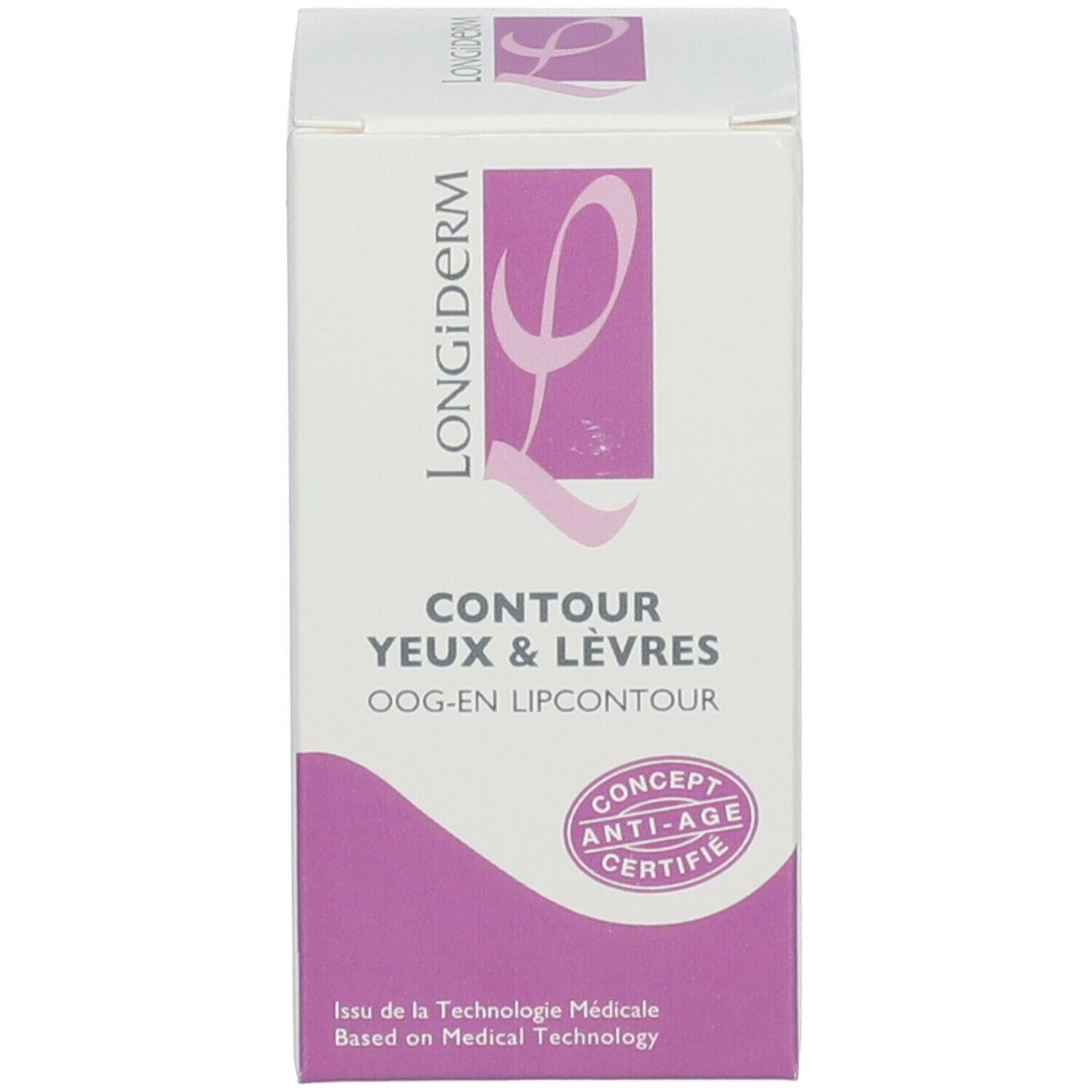 Emballage du produit. Inscription : Longiderm, Contour Yeux & Lèvres, Oog-en Lipcontour. Certification.