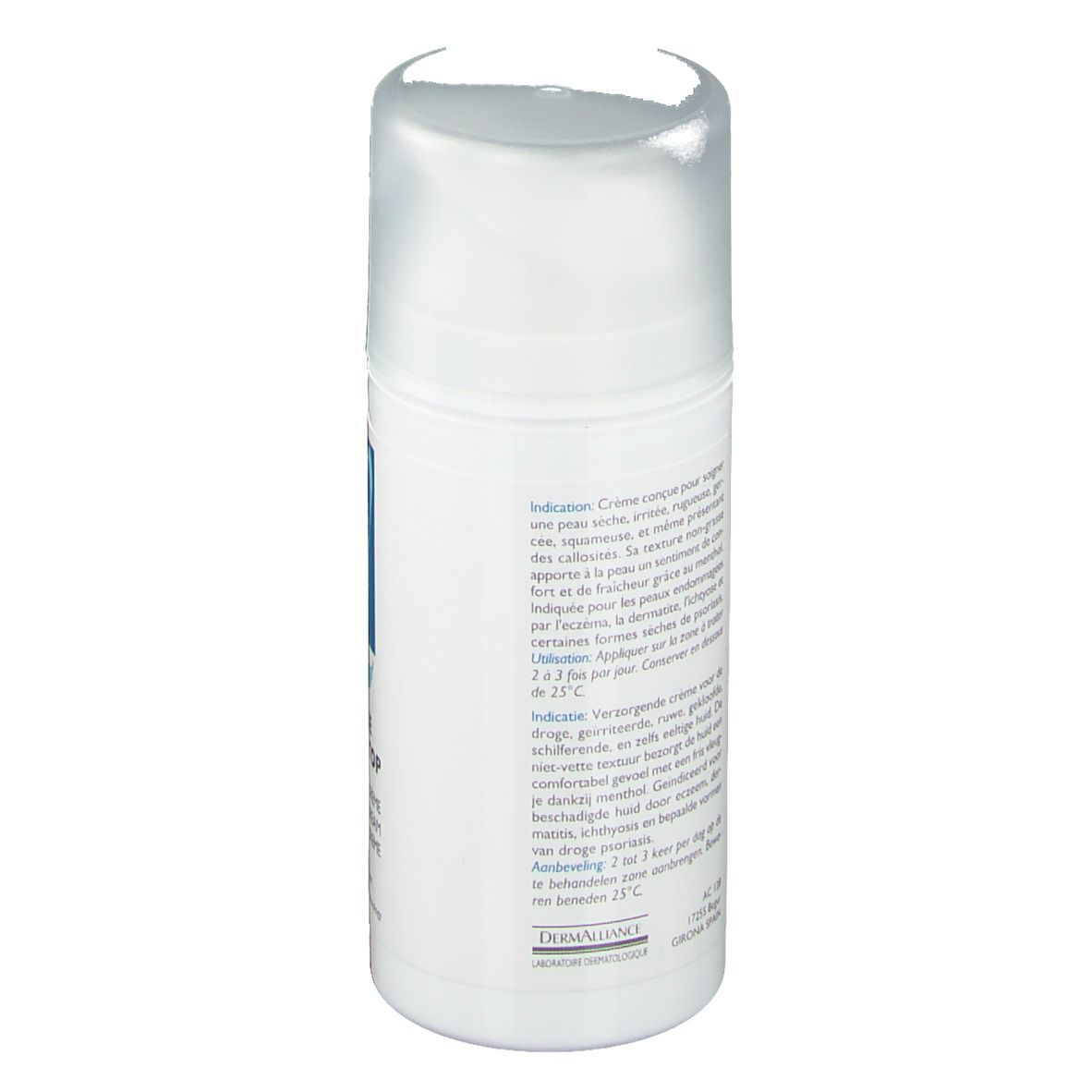 Dos du flacon de crème. Informations textuelles multilingues. Récipient blanc avec bouchon transparent.