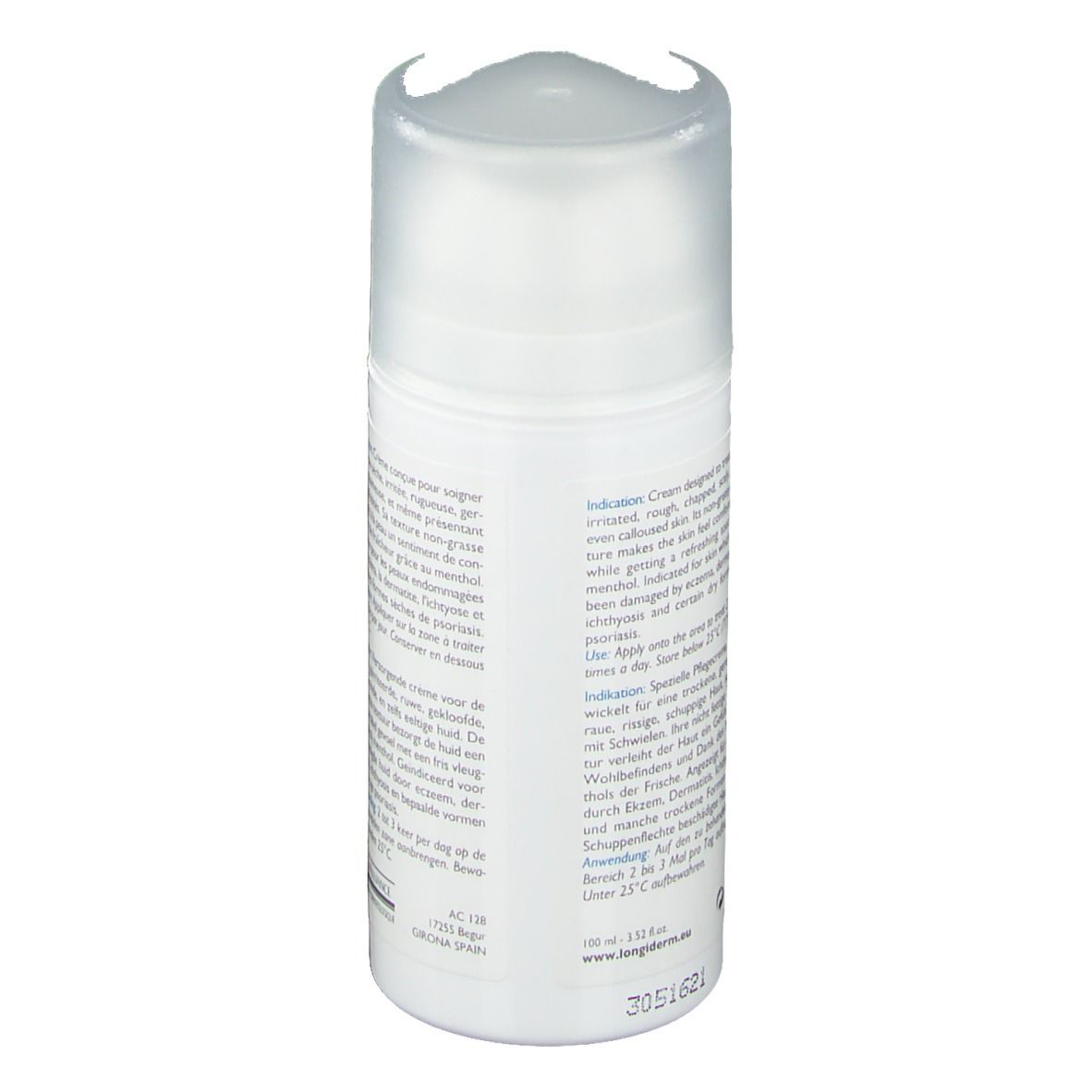 Dos du flacon de crème. Informations textuelles multilingues. Récipient blanc avec bouchon transparent.