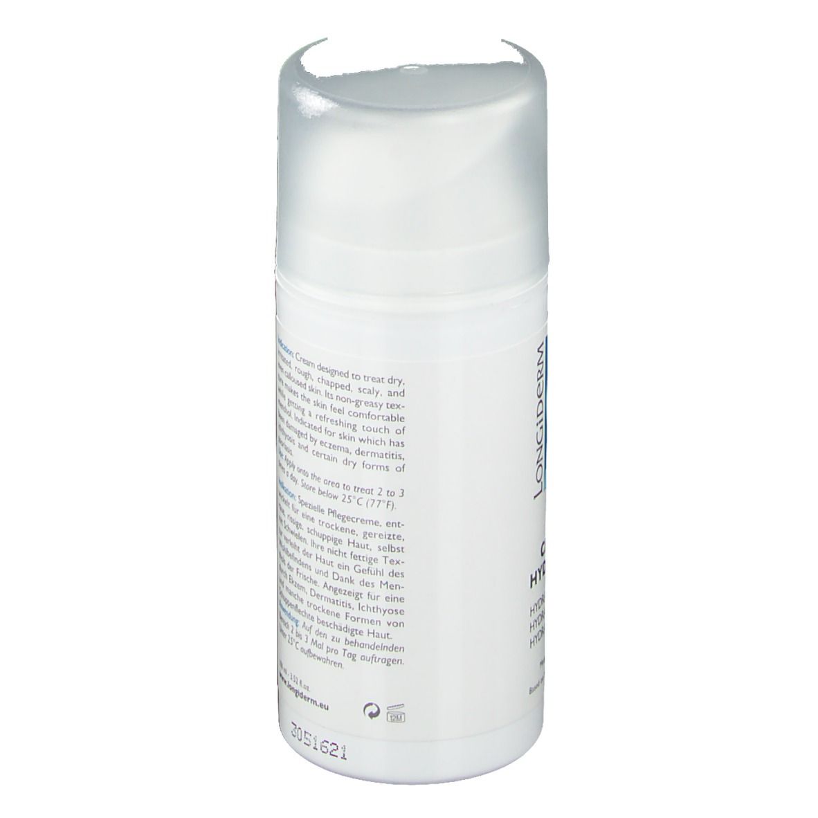 Dos du flacon de crème. Informations textuelles multilingues. Récipient blanc avec bouchon transparent.