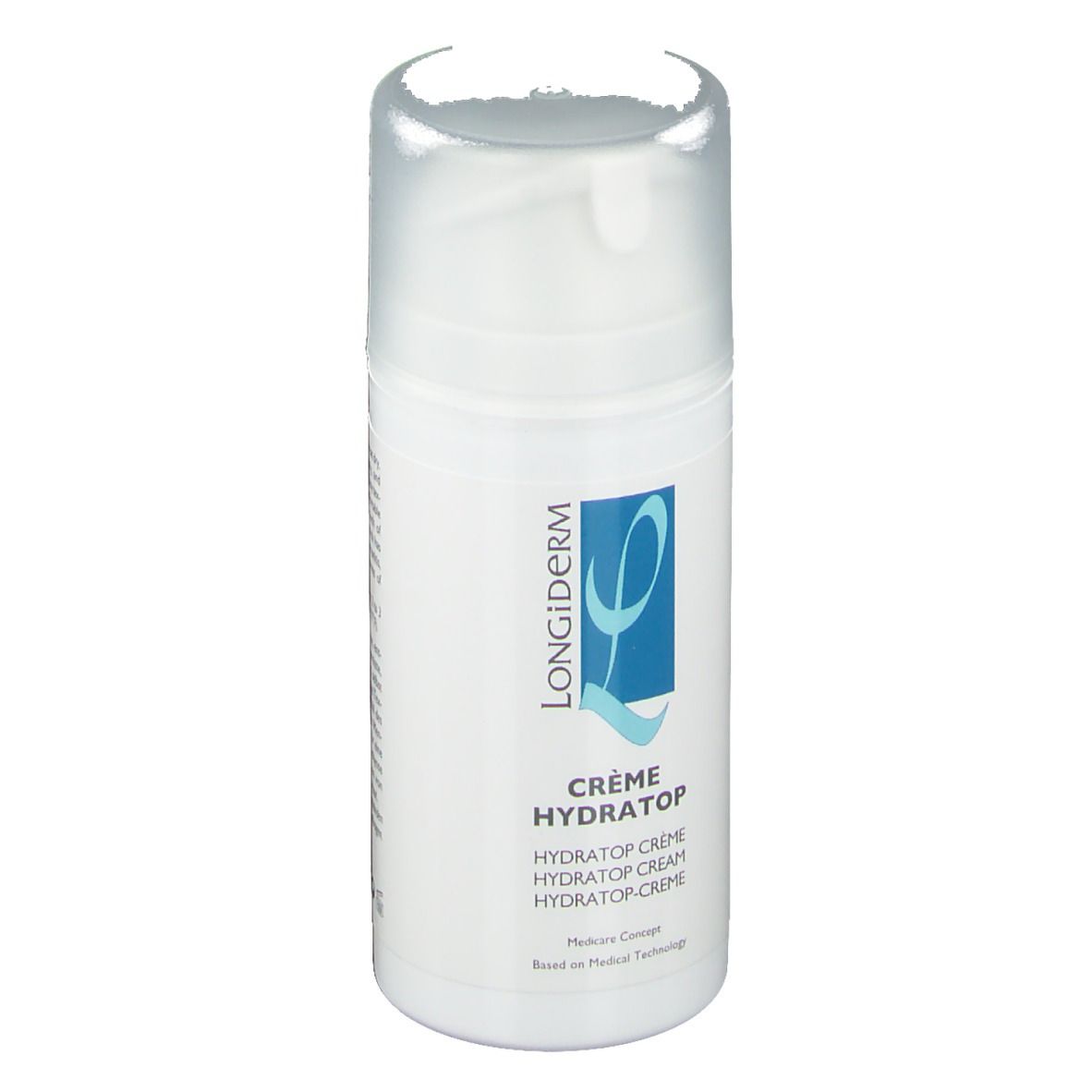 Flacon de crème blanc avec logo bleu. Texte: Crème Hydratop. Bouchon et distributeur transparents.