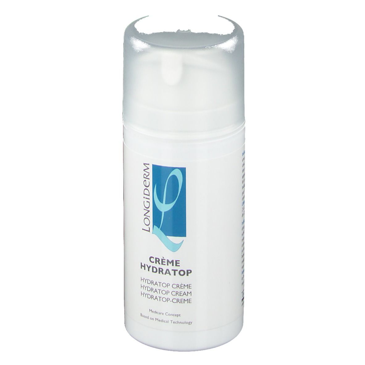 Flacon de crème blanc avec logo bleu. Texte: Crème Hydratop. Bouchon et distributeur transparents.