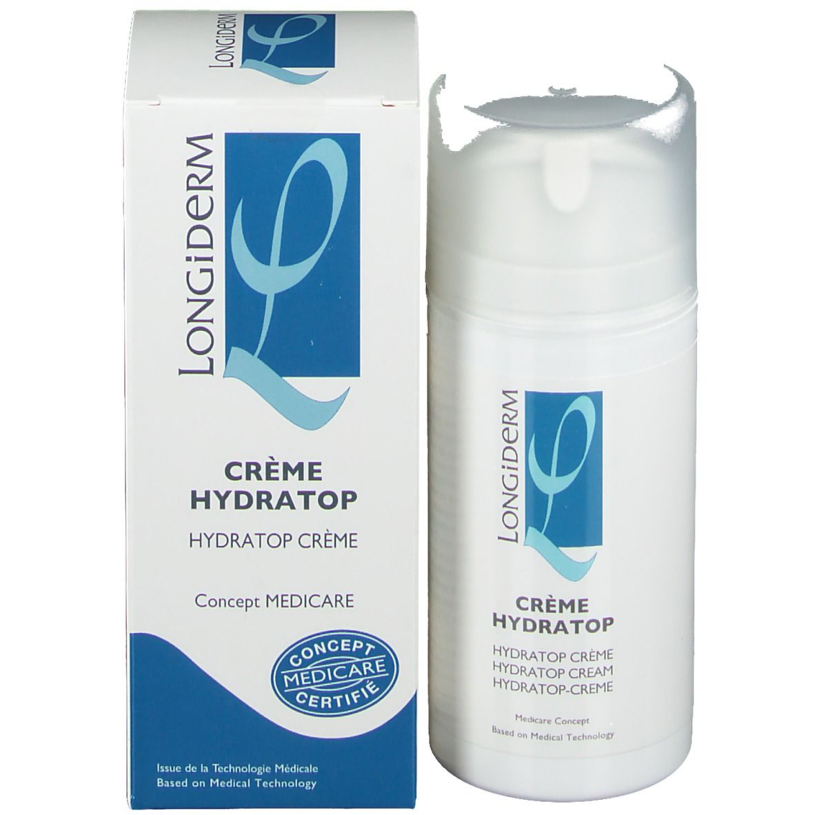 Flacon de crème et emballage. Blanc avec logo bleu. Texte: Crème Hydratop. Logo de certification.