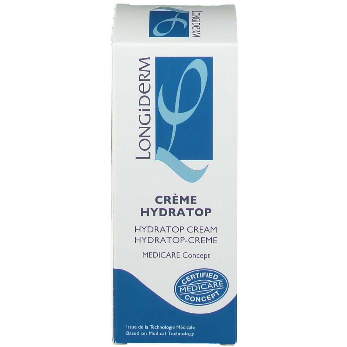 Emballage de la crème. Blanc avec logo bleu. Texte: Crème Hydratop. Logo de certification.