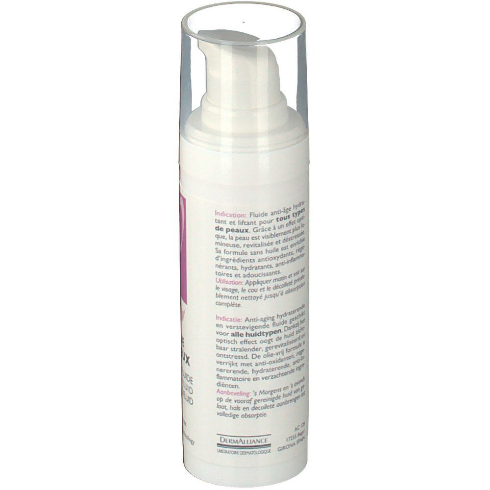 Achterkant van de witte dispenser. Meertalige tekst. Opschrift: LONGiDERM, Fluide Lumineux.