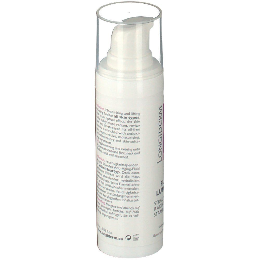 Achterkant van de witte dispenser. Meertalige tekst. Opschrift: LONGiDERM, Fluide Lumineux.