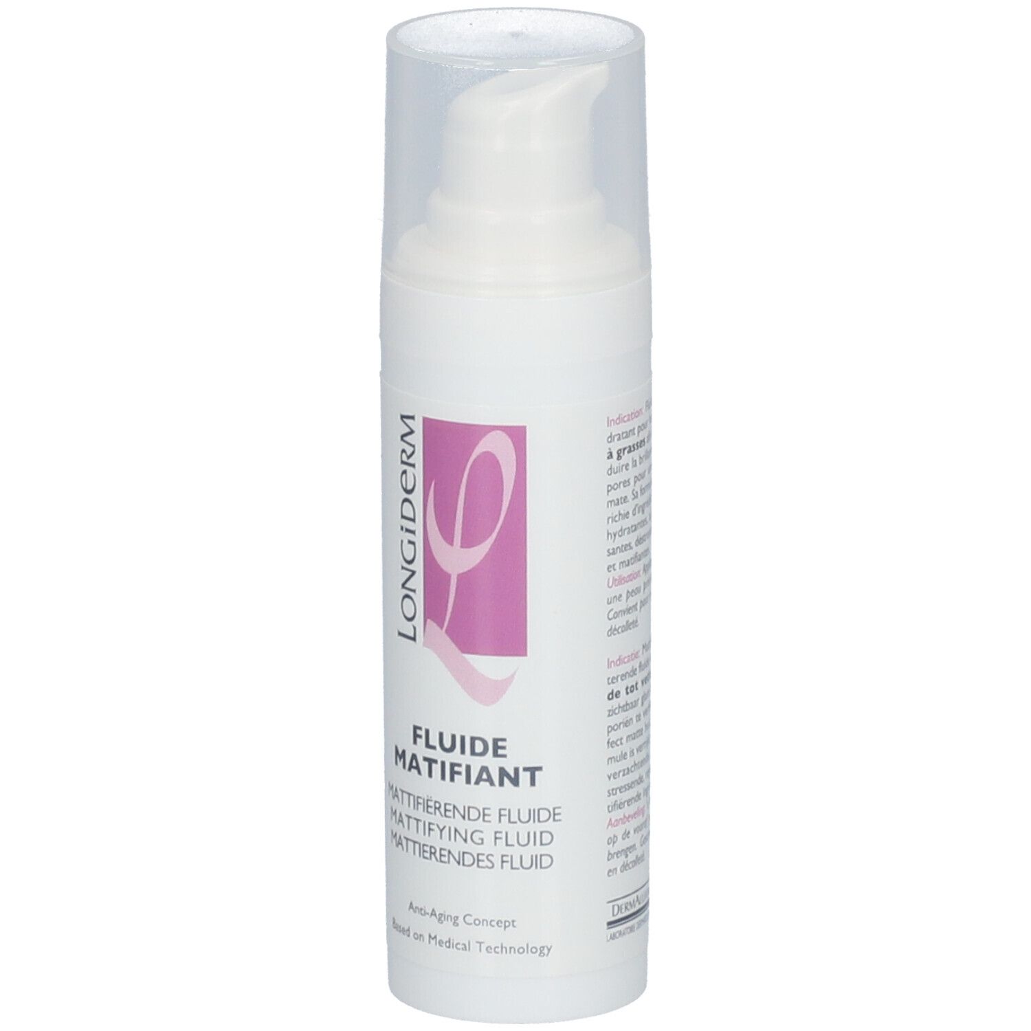 Wit vloeistof met pomp. Opschrift: LONGiDERM, FLUIDE MATIFIANT. Anti-Aging Concept.
