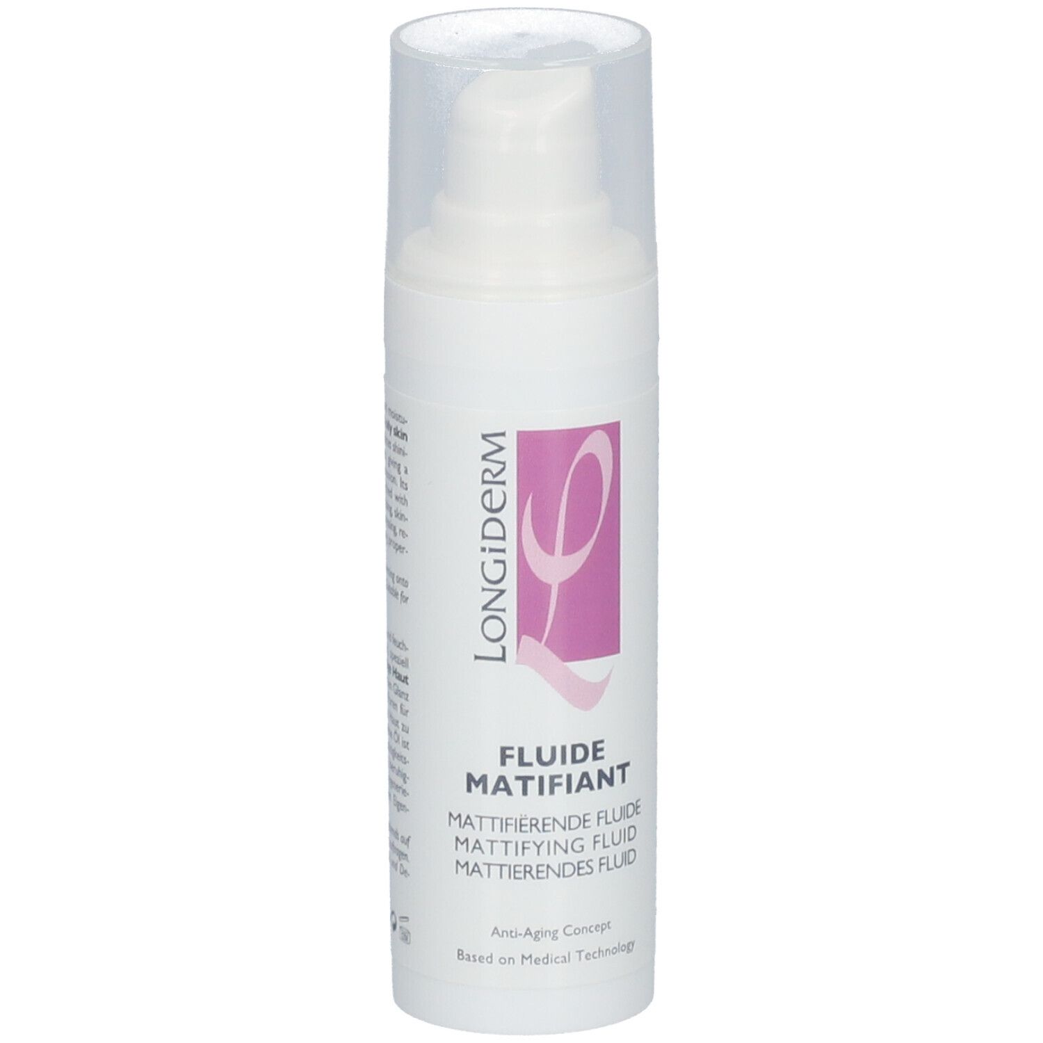Wit vloeistof met pomp. Opschrift: LONGiDERM, FLUIDE MATIFIANT. Anti-Aging Concept.